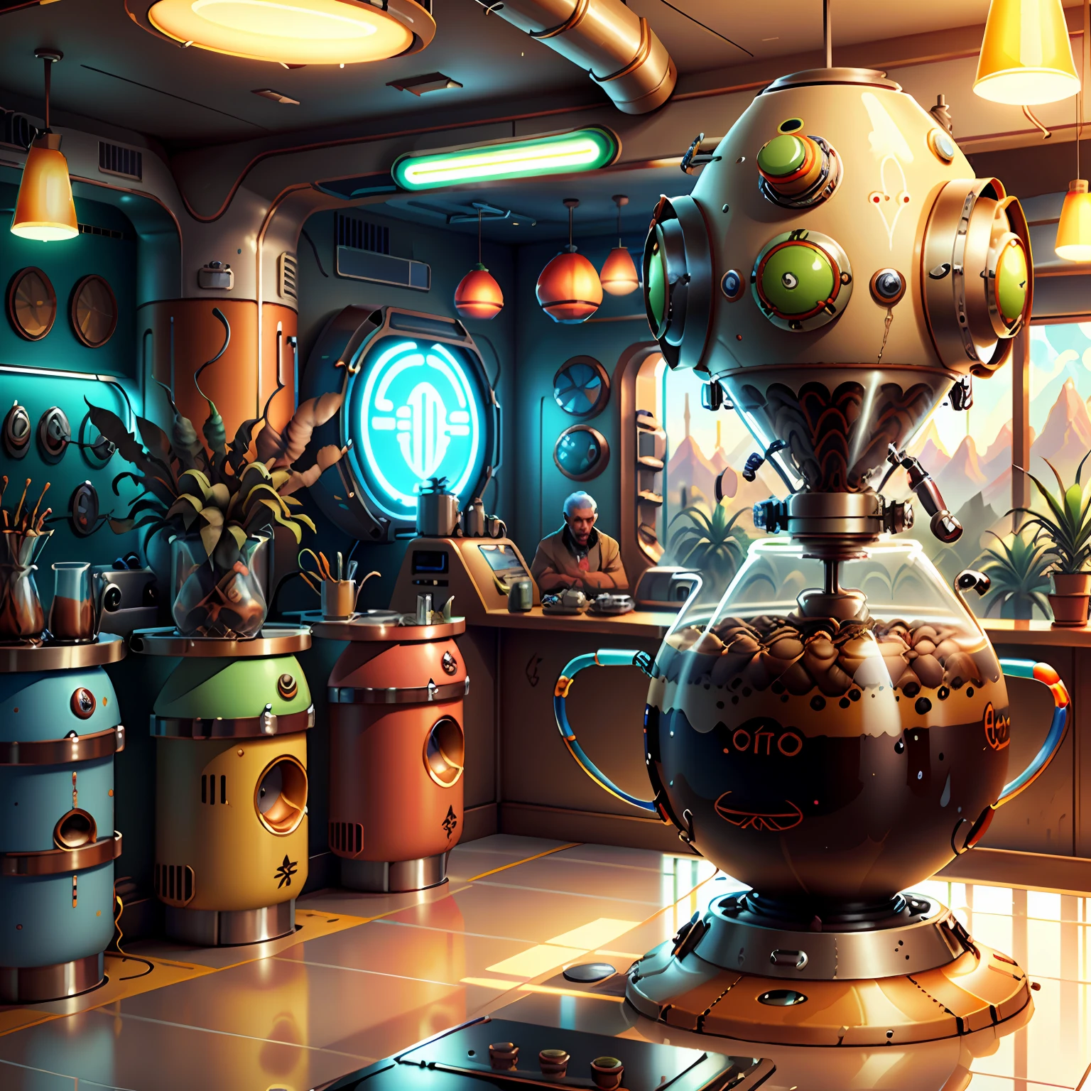 concept art, coffee shop, retro-futuristic