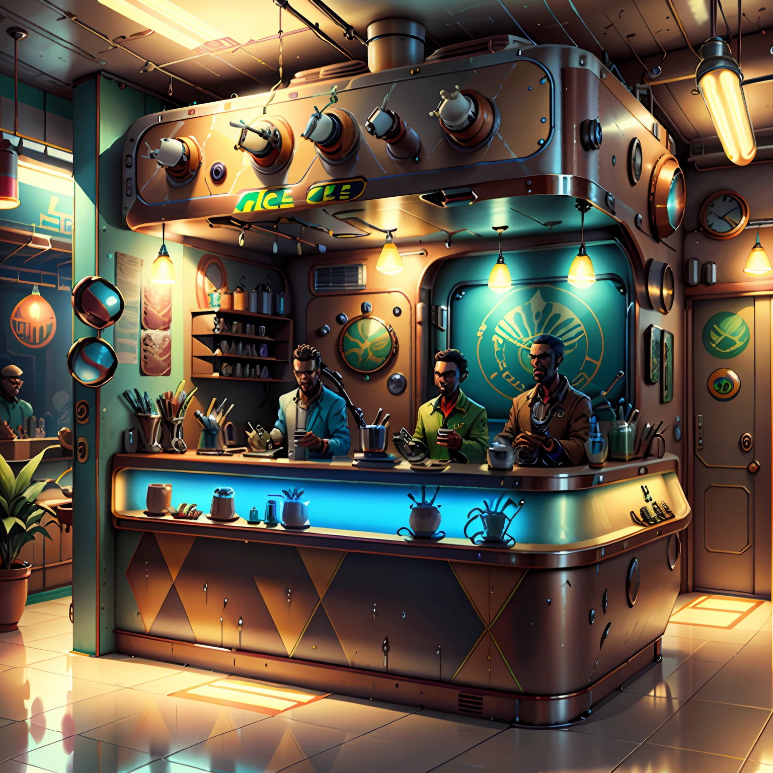 concept art, coffee shop, retro-futuristic