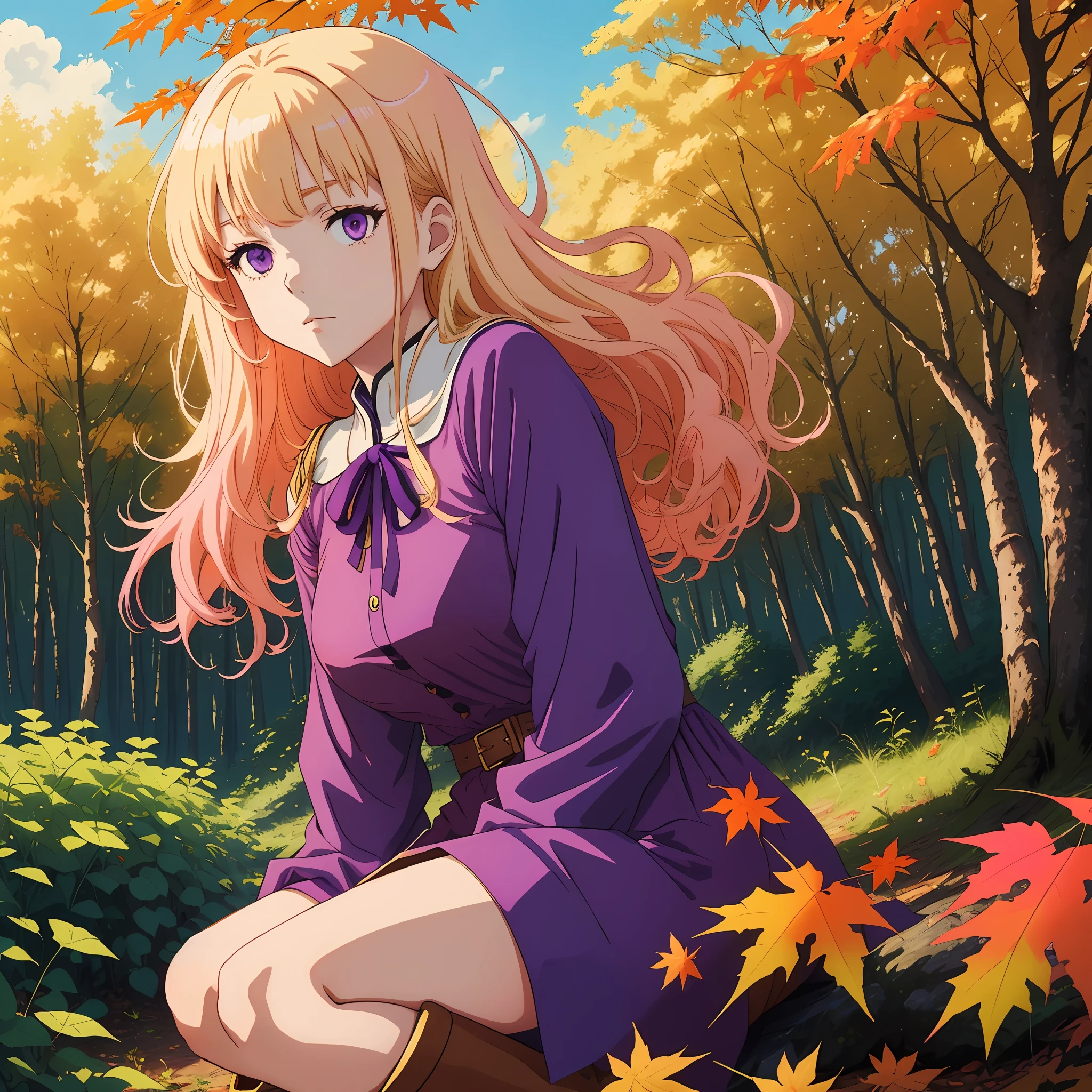 One Light blonde haired 2d anime girl with pale bluish purple eyes wearing gold pink short dress with blank knee length boots in an orange maple leave forest under bright blue sky alone by herself