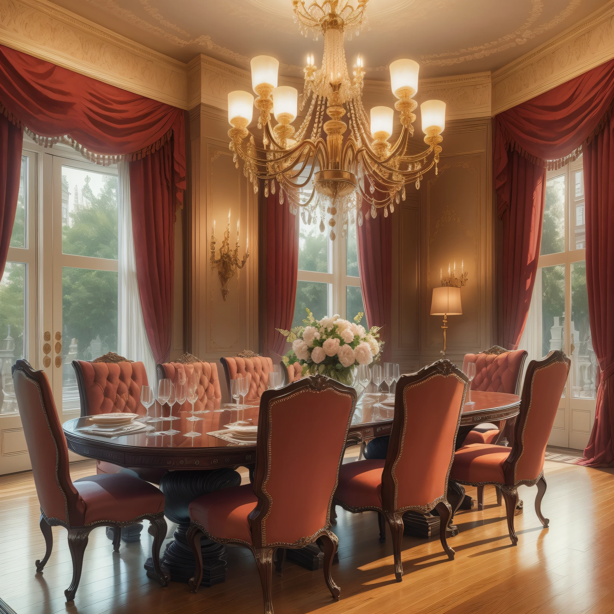 "Create a highly realistic image of a luxurious dining room with impressive lighting. The room is decorated with elegant furniture, including a long table set for a formal dinner. The lighting is soft and warm, casting a golden glow over the room and creating a cozy, inviting atmosphere. Pay attention to the details, such as the textures of the furniture and the table settings, as well as the direction of the shadows and the light. The walls are painted a deep, rich color and the floor is made of polished hardwood. The windows are draped in rich, velvet curtains and a beautiful chandelier hangs from the ceiling, adding to the overall elegance of the space." --auto --s2