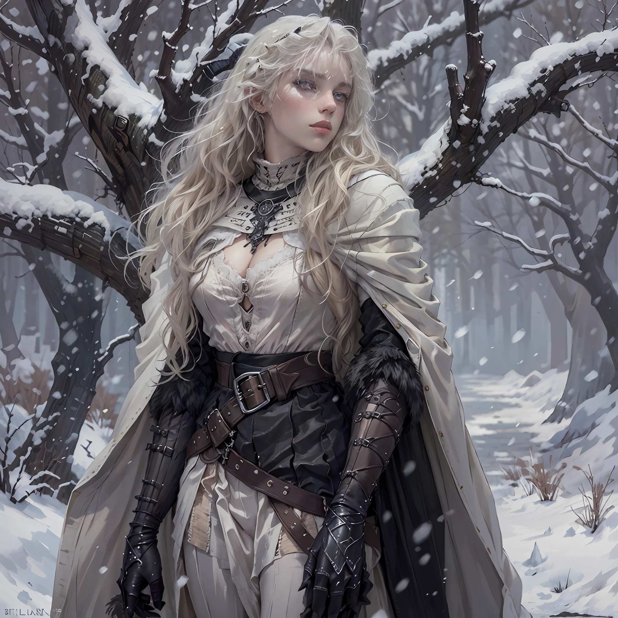 (masterpiece, top quality, best quality, official art, detailed:1.2), billieeilishW3, 1woman, solo, highly detailed face, perfect hands, long white wavy hair with simetrical black ram horns and no bangs, outdoors, wearing full pleated armor, tree, fur trim cape in white, black gloves, snow, snowing, winter, walking and looking away with a hand on her belt, bare tree, flat chested and fully clothed with long sleeve medieval shirt and black trousers and armored shoulder pads