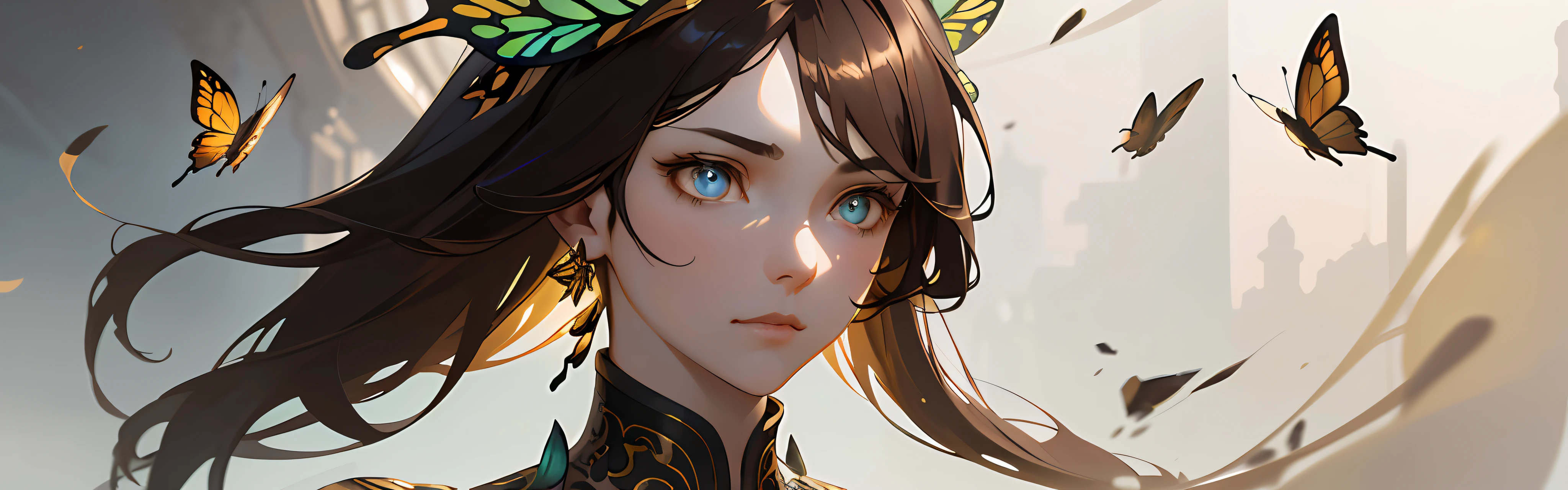 8k portrait of beautiful cyborg with brown hair, intricate, elegant, highly detailed, majestic, digital photography, art by artgerm and ruan jia and greg rutkowski surreal painting gold butterfly filigree, broken glass, (masterpiece, sidelighting, finely detailed beautiful eyes: 1.2), hdr,