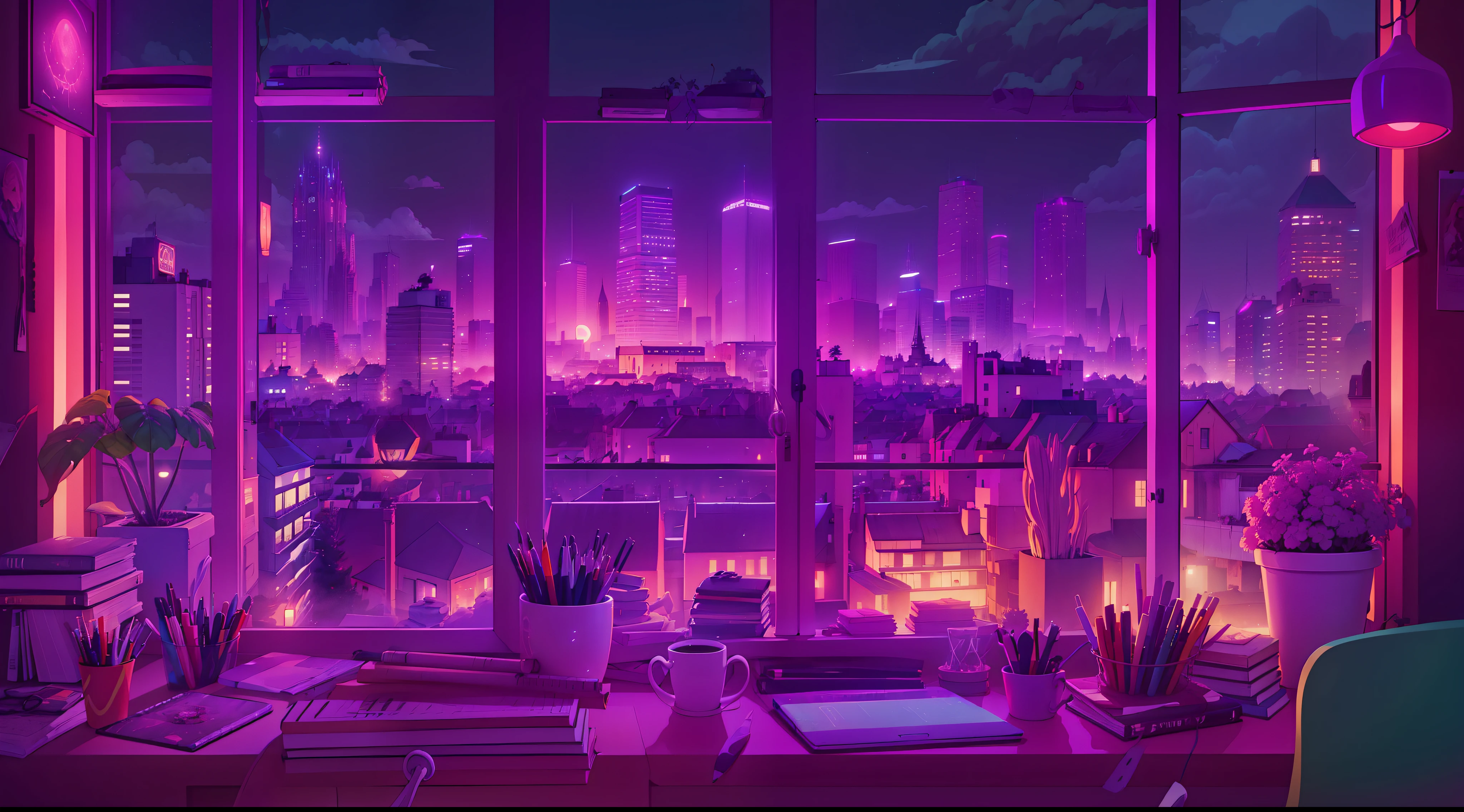 A city at night as seen from a window. anime, manga, and lofi. desk for studying. Cool, inviting, and comfy space. messy setting Digital artwork of a serene, bright apartment. 4K backdrop, wallpaper