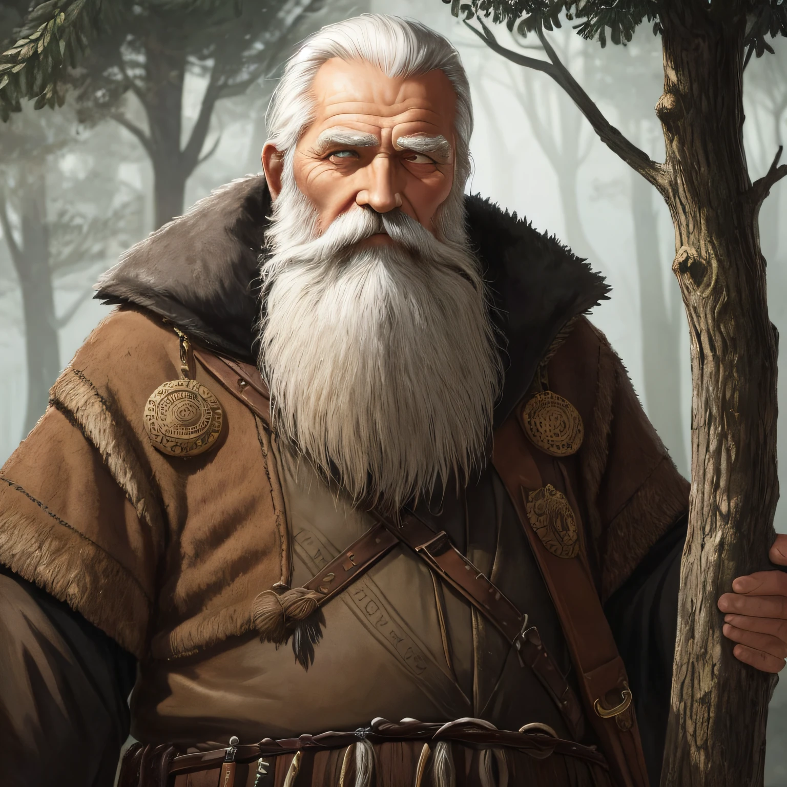 an old man with a beard and a beard standing in front of a tree, portrait of hide the pain harold, painted portrait of rugged odin, old man portrait, wise old man, druid portrait, male god svarog portrait, an old man, old man, hide the pain harold, by Ludwik Konarzewski Jr, rpg portrait concept art --auto