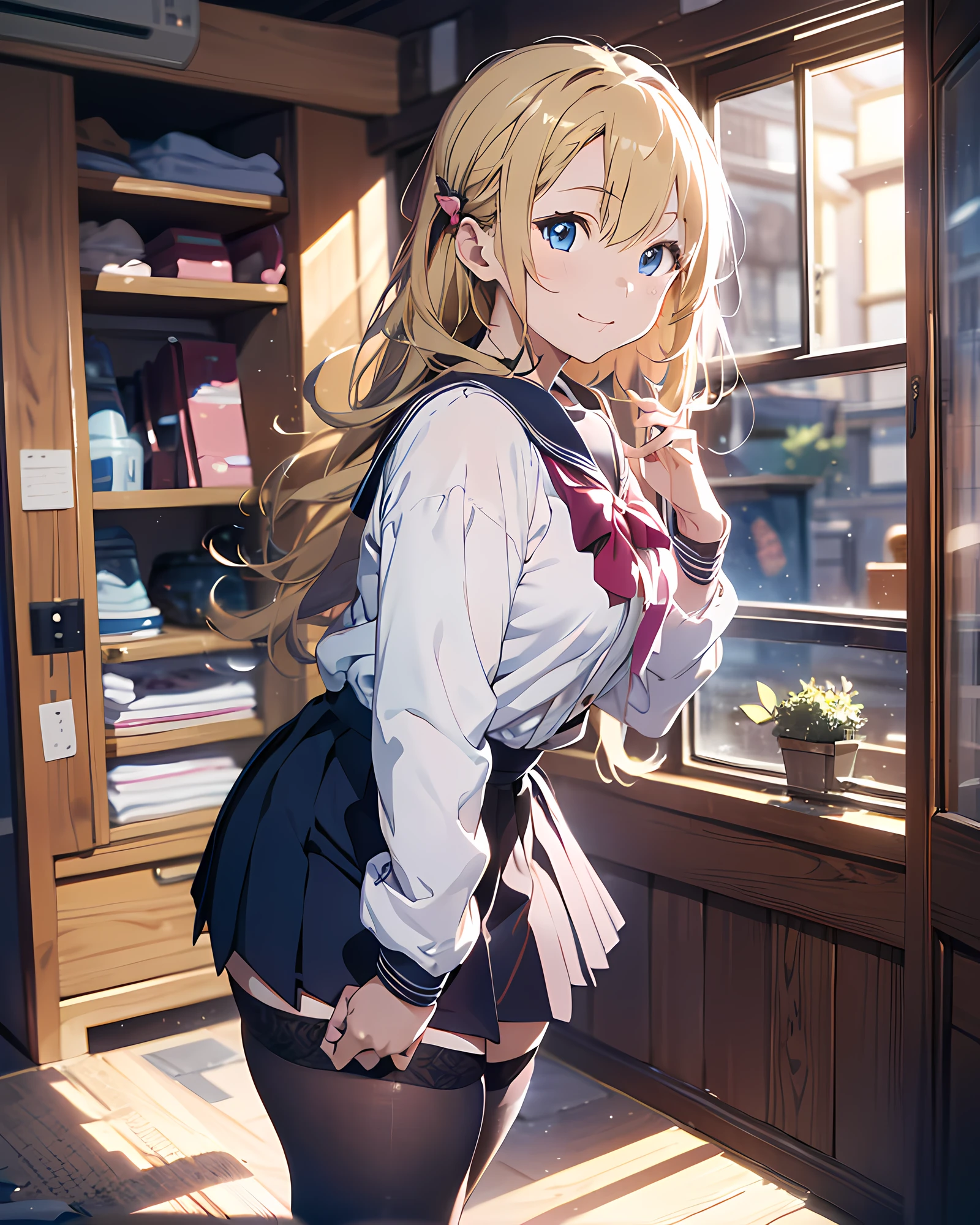 anime style illustration, highres, ultra detailed, (1girl:1.3), (dynamic pose):1.0 BREAK, cowboy shot, (pale skin:1.3), ((detailed blue eyes)), (bokeh effect), (dynamic angle), 1 extremely beautiful and glamorous Korean Idol at her private bedroom, (wearing a school girl outfit, pink sailor shirts and dark-grey pleats skirt, black stockings), BREAK, she has blonde wavy two-side-up hair style, medium-breasted, light smile, happy, wind, 8 life size, detailed clothes, detailed body, detailed arms, human hands, detailed hands, perfect nose, blush, light smile, pink lip gloss, looking the viewer, facing the viewer, sexy model posing, extremely leaning forward against the viewer, studio soft light, cinematic light, detailed background, realistic, ultra-realistic, masterpiece, 32k ultra-sharp image, Japanese anime waifu, concept art by Kyoto animation, Makoto Shinkai,