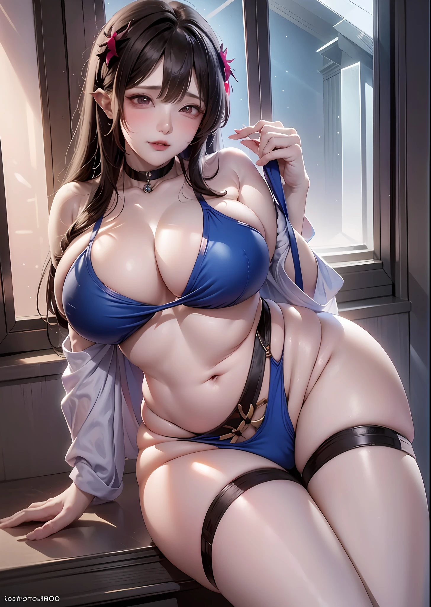 arafed woman in a blue bikini sitting on a window sill, digital art by Kentaro Miura, pixiv, digital art, seductive anime girl, realistic bikini, oppai, thicc, oppai proportions, [ 4 k digital art ]!!, commission for high res, beautiful alluring anime woman, extremely detailed artgerm