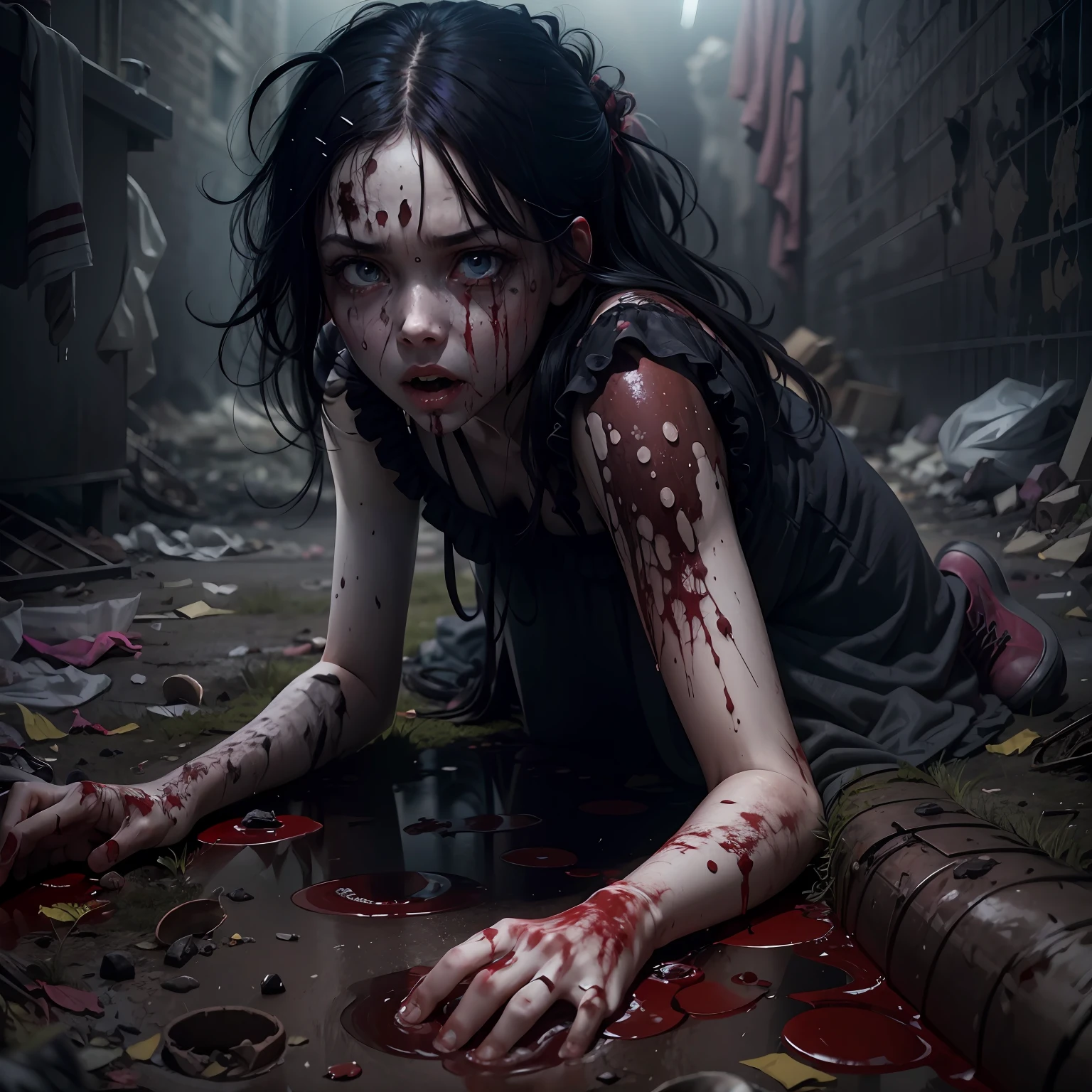 dead girl climbing out of a hole in the ground with bloodied body, wide sad eyes, black hair, whitish eyes, expression of pain, bloody puddle, bloody dress, filthy dark basement full of garbage, darkness, fog, mist, creepy, UHD, high details, best quality, highres, 8k