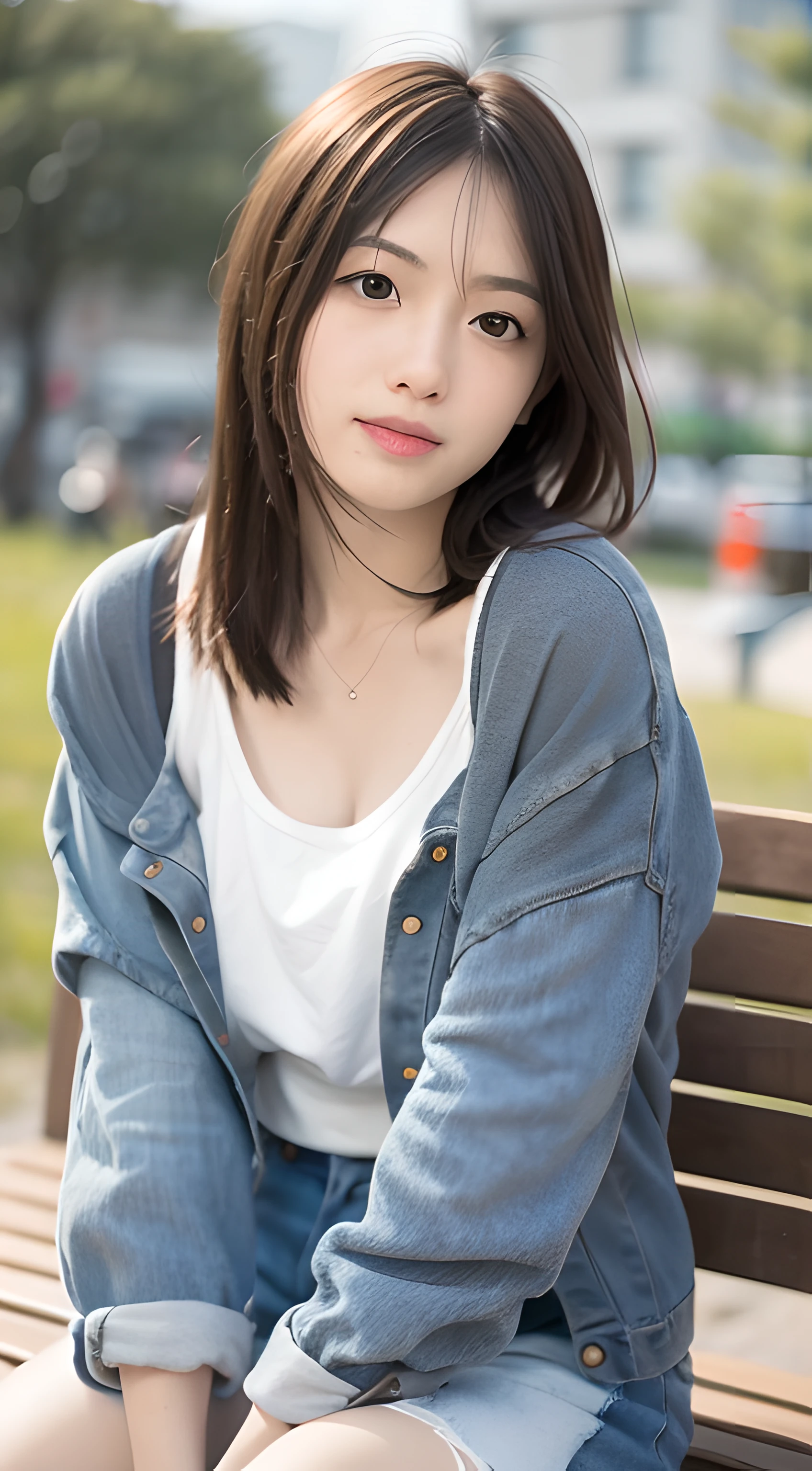 mix4, 20 days, Solo, Long_Hair, Nanase Nishino, Haruka Kaki, park, bench, Seated, (8K, RAW photography, Best quality, Masterpiece:1.2), (Realistic, Photorealistic: 1.37), Professional lighting, photon maping, Radio City, physically-based renderingt