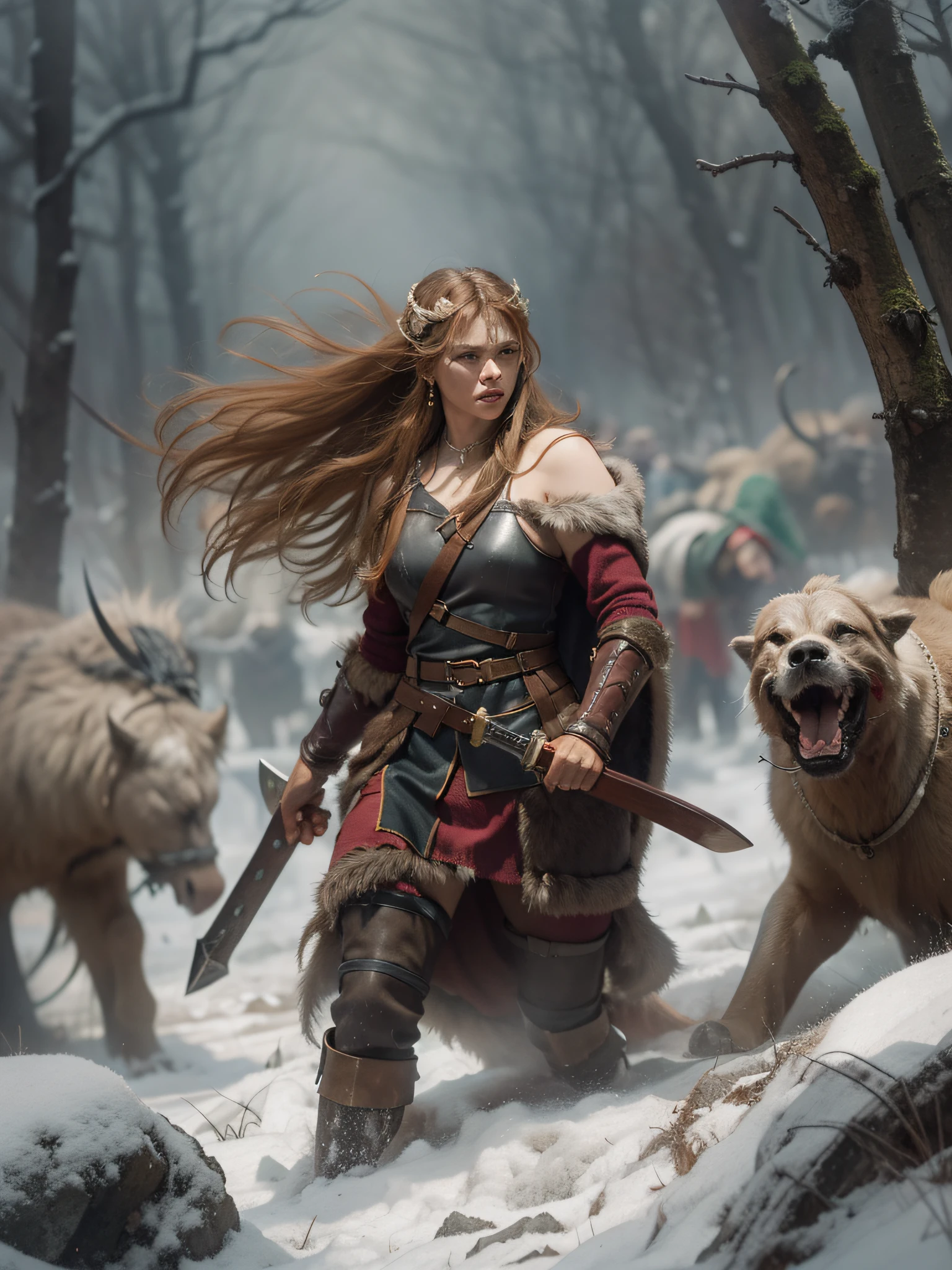 Uma imagem de uma selvagem e feroz mulher guerreira Viking, seu rosto pintado com pintura de guerra, Embodying the spirit of a berserker. She's dressed in fur-lined clothes, empunhando um enorme machado de batalha, amidst a battlefield filled with fallen enemies, showing his unstoppable fury and courage.