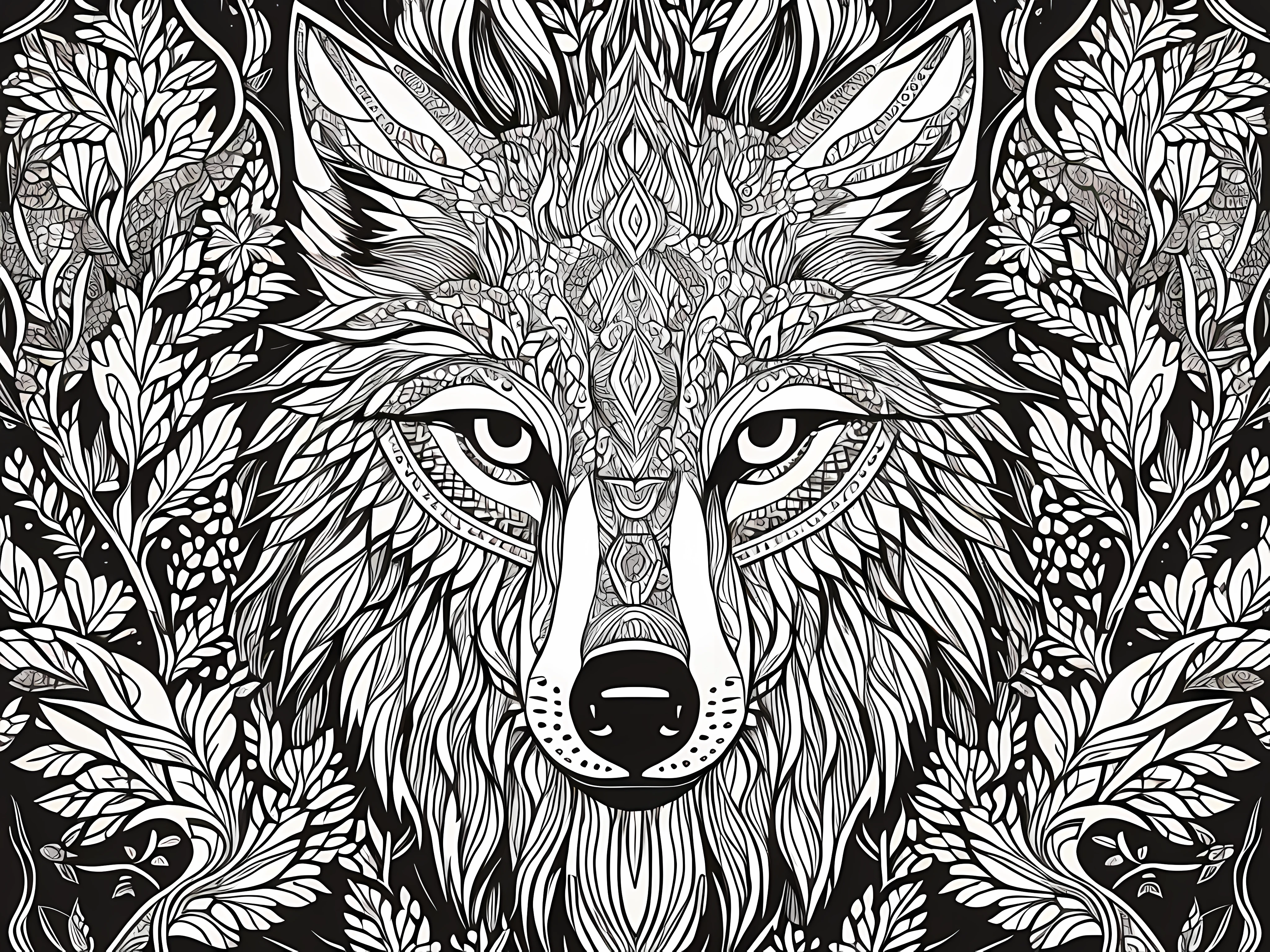 coloring book, connected lines, symmetry, one wolf head, facing front, black and white, thick line work, big patterns, negative space, thick pattern, beautiful forest pattern background, ink fine line art stylized, vector, adobe illustrator, eps, design for tattoo, African pattern