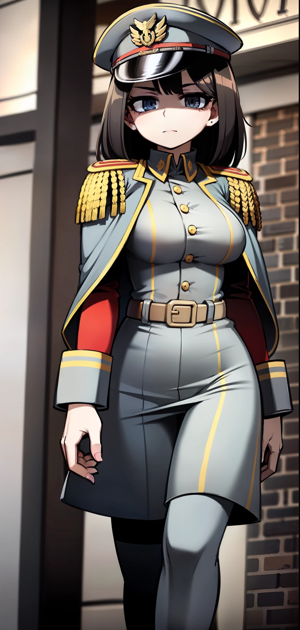 beauty girl, military cloak, grey colours, ww2 german uniform, no emotion face, waist, in full growth