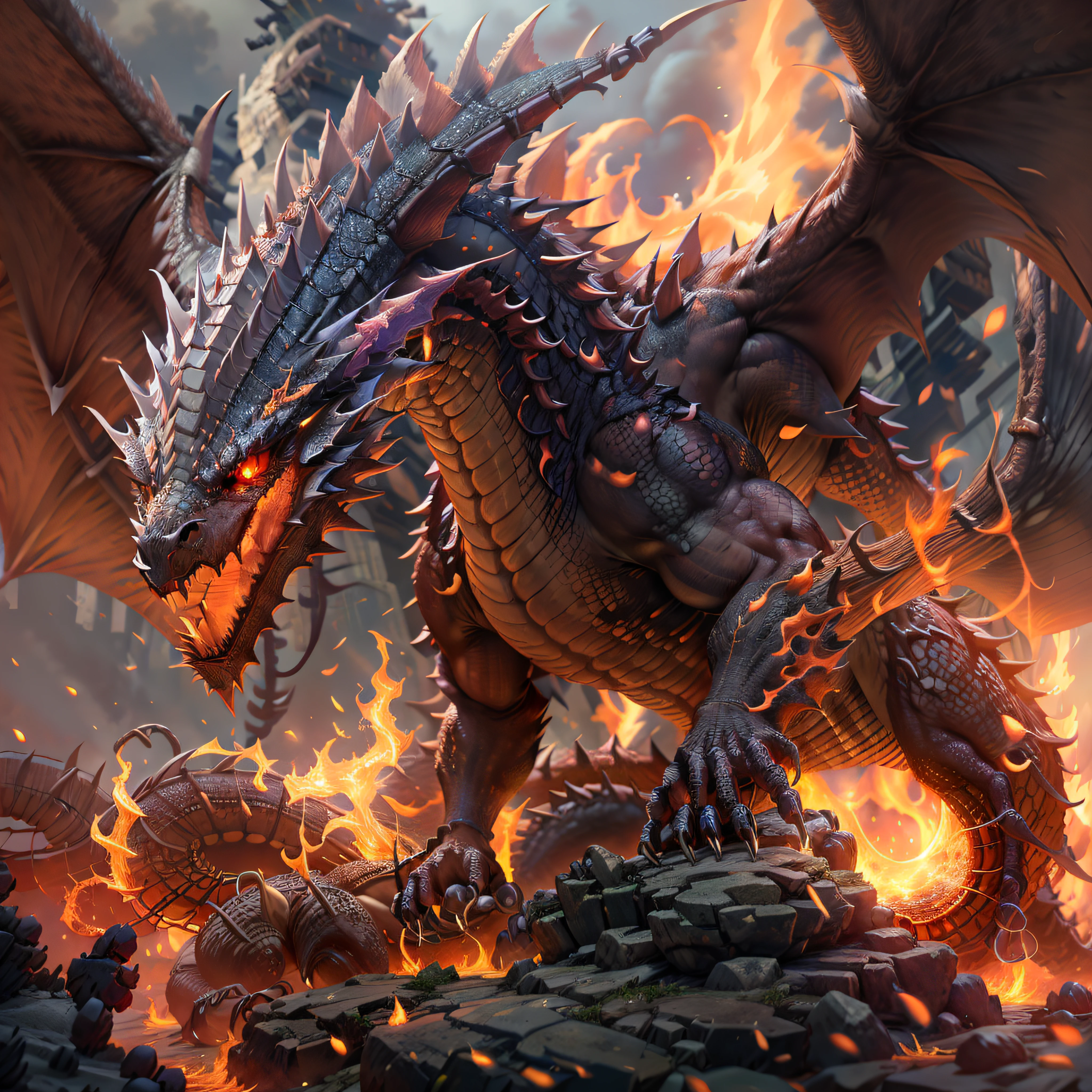 a dragon on a battlefield facing a mage using a great fire spell , obra-prima, melhor qualidade, ultra qualidade, detalhes absurdos, melhor luz, melhor sombra, clear, sharped image, detalhado, extremamente detalhado, great resolution, 8k, 4k, uhd, ray tracing, (efeitos bonitos), (Detailed dragon), (sem corpo deformado)