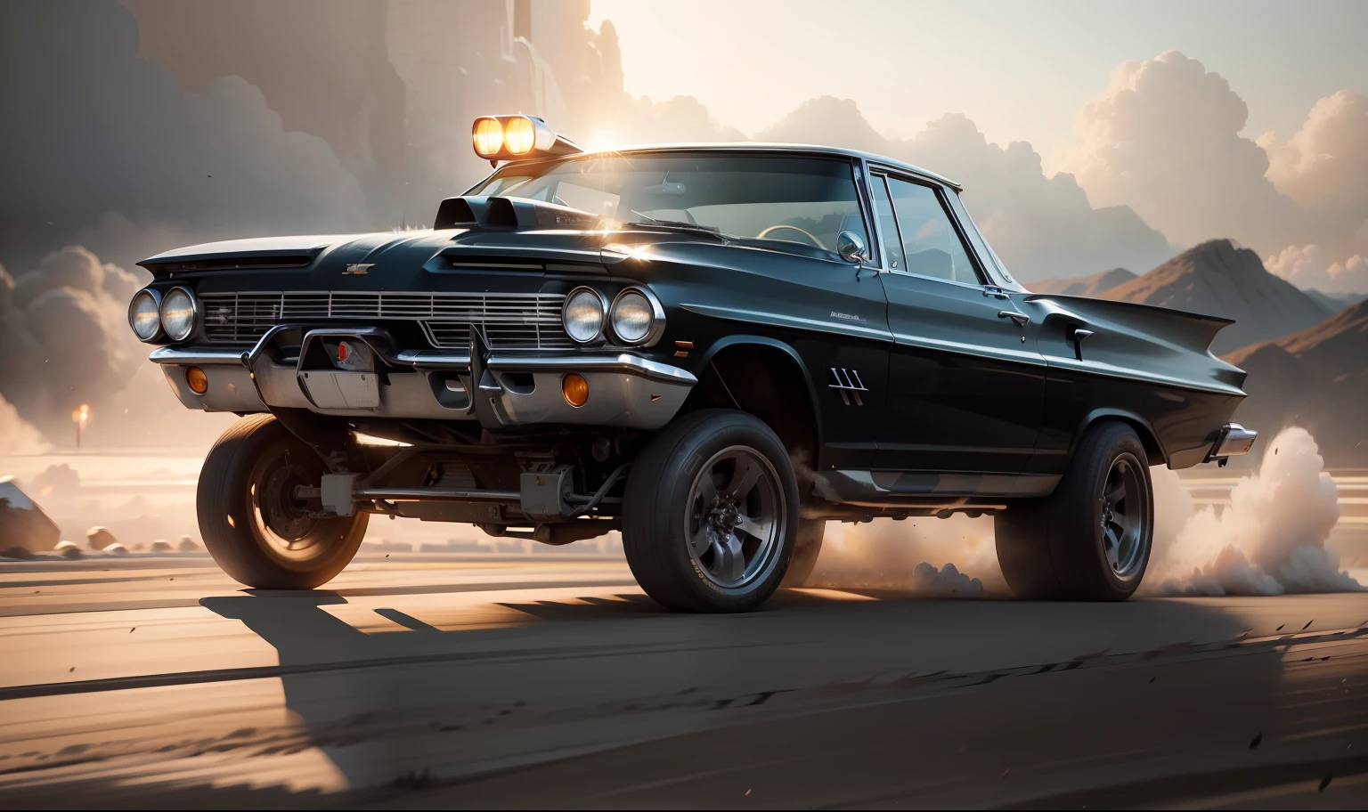 Necessidade de velocidade, Chevy Impala Gasser 59 PRETO BRILHANTE com um piloto de corrida com capacete de corrida, correndo pela pista molhada, quase, hyper realistic, motion blur, blurry background, altamente detalhado, divine proportion, (((Enquadrado))), perfect composition, perfect lighting, octan render, 8k, Artistic photography, trending on ArtStation, foco nítido, Studio photo, detalhes intrincados, altamente detalhado, Directed by: Greg Rutkowski --auto