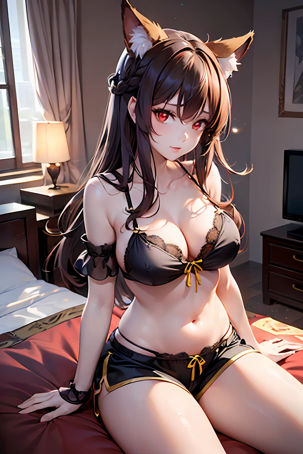 ((masterpiece)), ((best quality)), ((anime profile style)), ((HD 4k)), ((female anime character)), ((Hu Tao character)), ((Beautiful body)), girl, female face, , ((red eyes)), Eyelid, Pupil, Sclera, Iris, eyebrow, eyelashes, fox ears, nose, ((giant brown hair)), ((fringe)), ((hair details)), large breasts ((light effects on hair)), ((Babydoll Pajamas Women's Sleepwear With Straps With Shorts - Red)), ((lights effect on clothes)), ((body lights effect)), neck, Shoulders, (thin waist), ((perfect belly)), arms, , lush thighs, ((background scenery)), ((in bedroom)), ((bed, window, TV, wardrobe, chest of drawers, rug)), ((lighting)), viewer view, on bed, lying, pov
