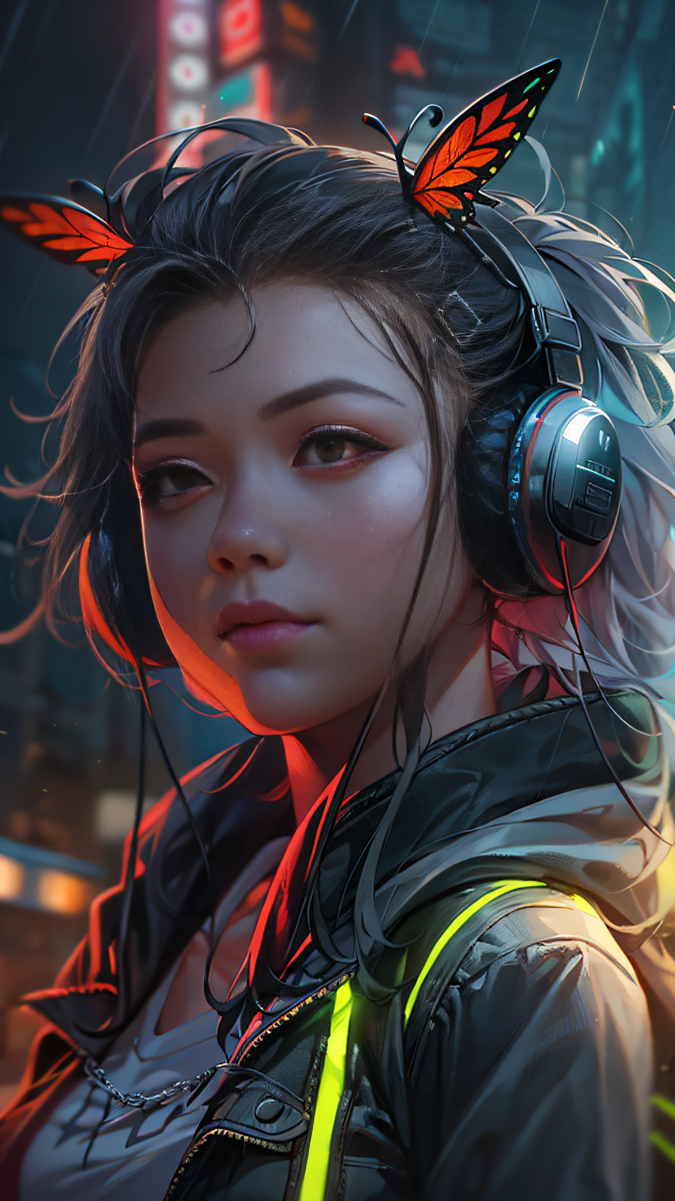 chromatic aberration, depth of field, soft lighting, masterpiece, best quality, intricate, tone mapped, highly detailed, artstation, concept art, smooth, sharp focus, dramatic lighting, highly detailed artwork, cinematic, hyper realistic painting, trending on Artstation, 8K, incredible shadows, realistic, (highly detailed background:1.0), A highly detailed portrait of a solo 1girl standing on a street corner, during a rainstorm with lightning strikes and a cloudy sky, neon and cyberpunk background, she is wearing punk clothes with silver chains and silver spikes, she has a butterfly wing hairclip in her wild hair, she has headphones and a necktie on, petite, detailed glowing red eyes with distinct pupils, ominous aura Halo, smile, punk, cyberpunk, backlighting