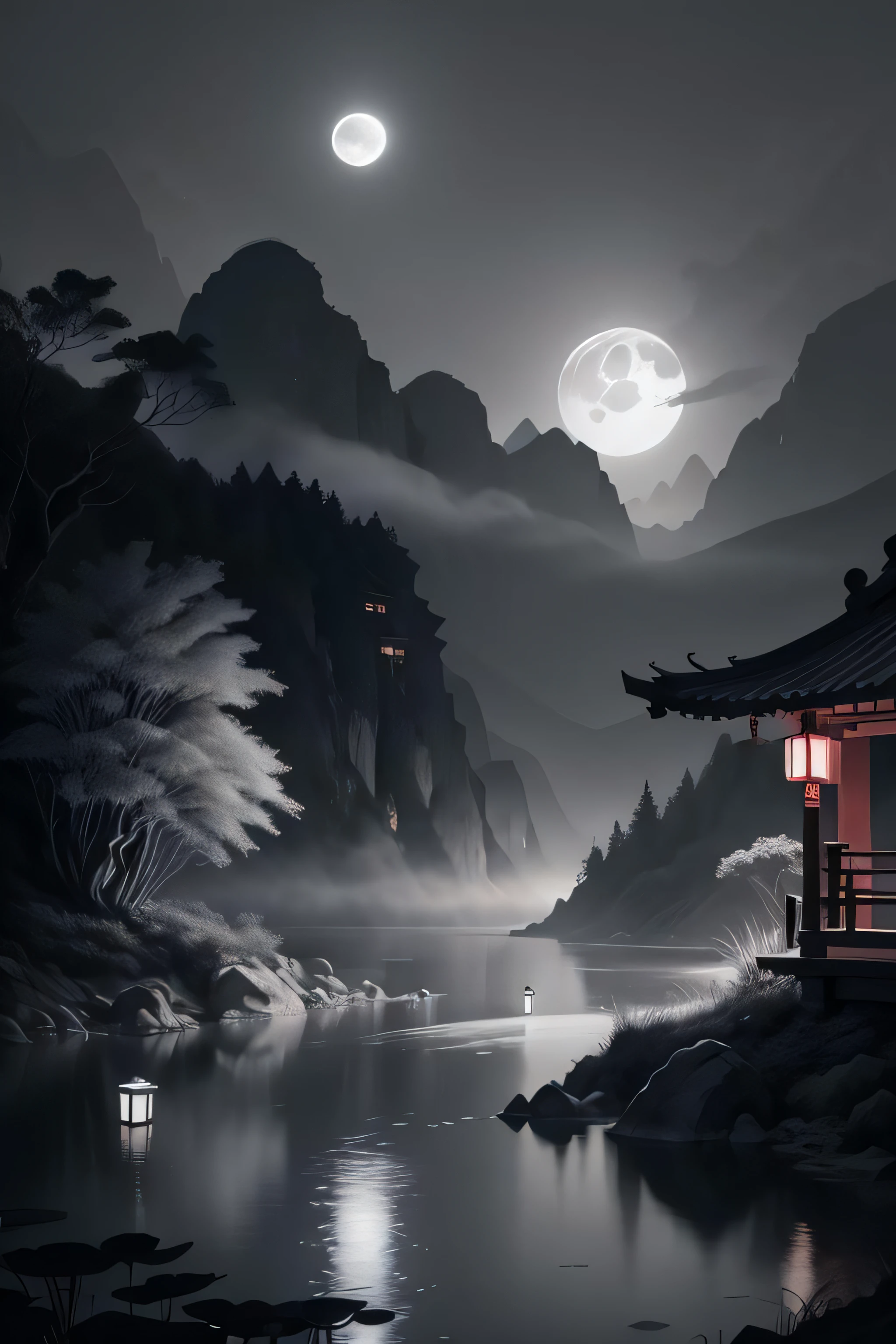 masterpiece,best quality,Chinese martial arts style,an asian night scene with lanterns and water lilies,asian pond with many lanterns and boatsa night scene with many lights and boats in the water, Lake surface, lotus flowers,beautiful night scene,(((Chinese martial arts style))), with vast sky, continuous mountains and steep cliffs, ink wash style, outline light, atmospheric atmosphere, depth of field, mist rising, bamboo, pine trees, octagonal stone pavilion, waterfall flowing water,big full moon,(No color) , Monochrome, light color,