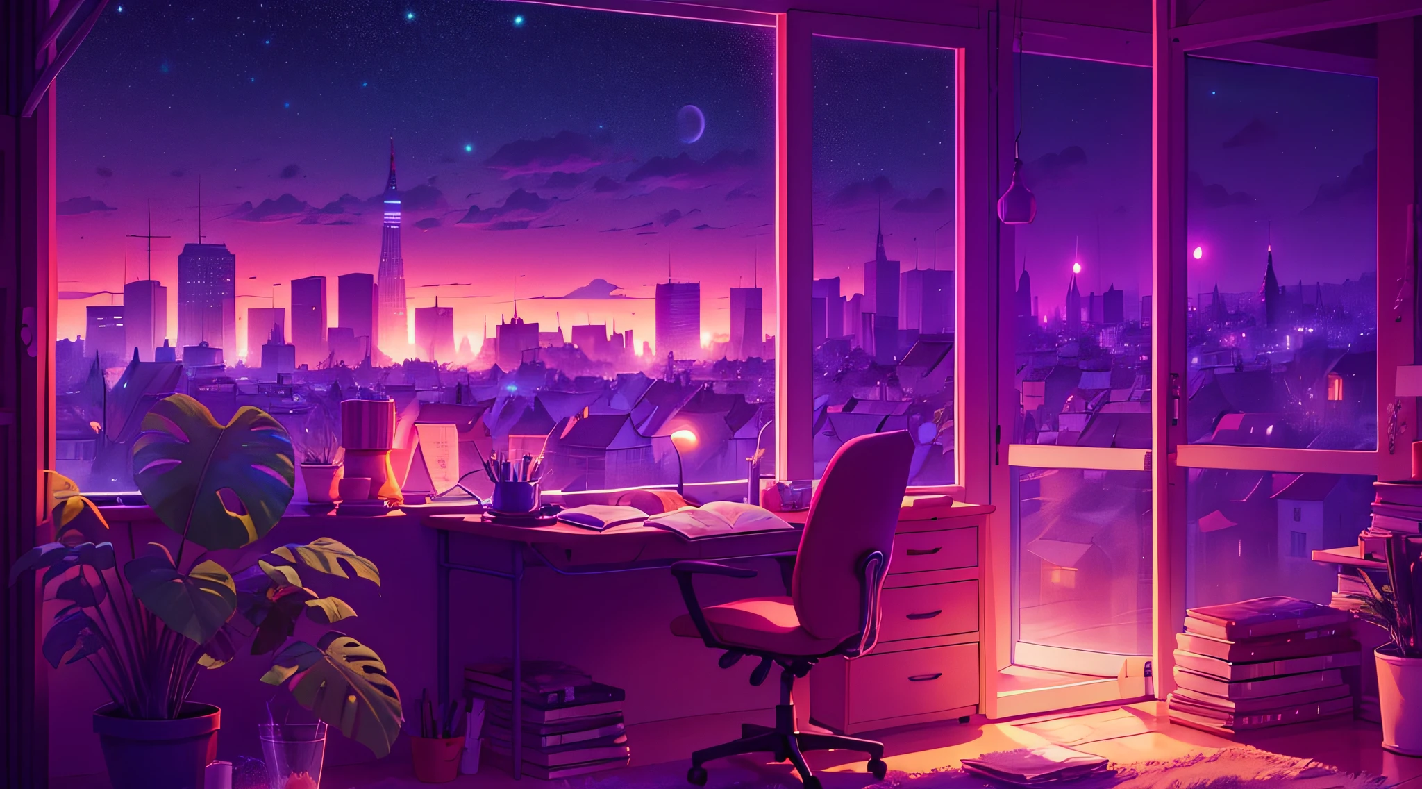 A city at night as seen from a window. anime, manga, and lofi. desk for studying. Cool, inviting, and comfy space. messy setting Digital artwork of a serene, bright apartment. 4K backdrop, wallpaper