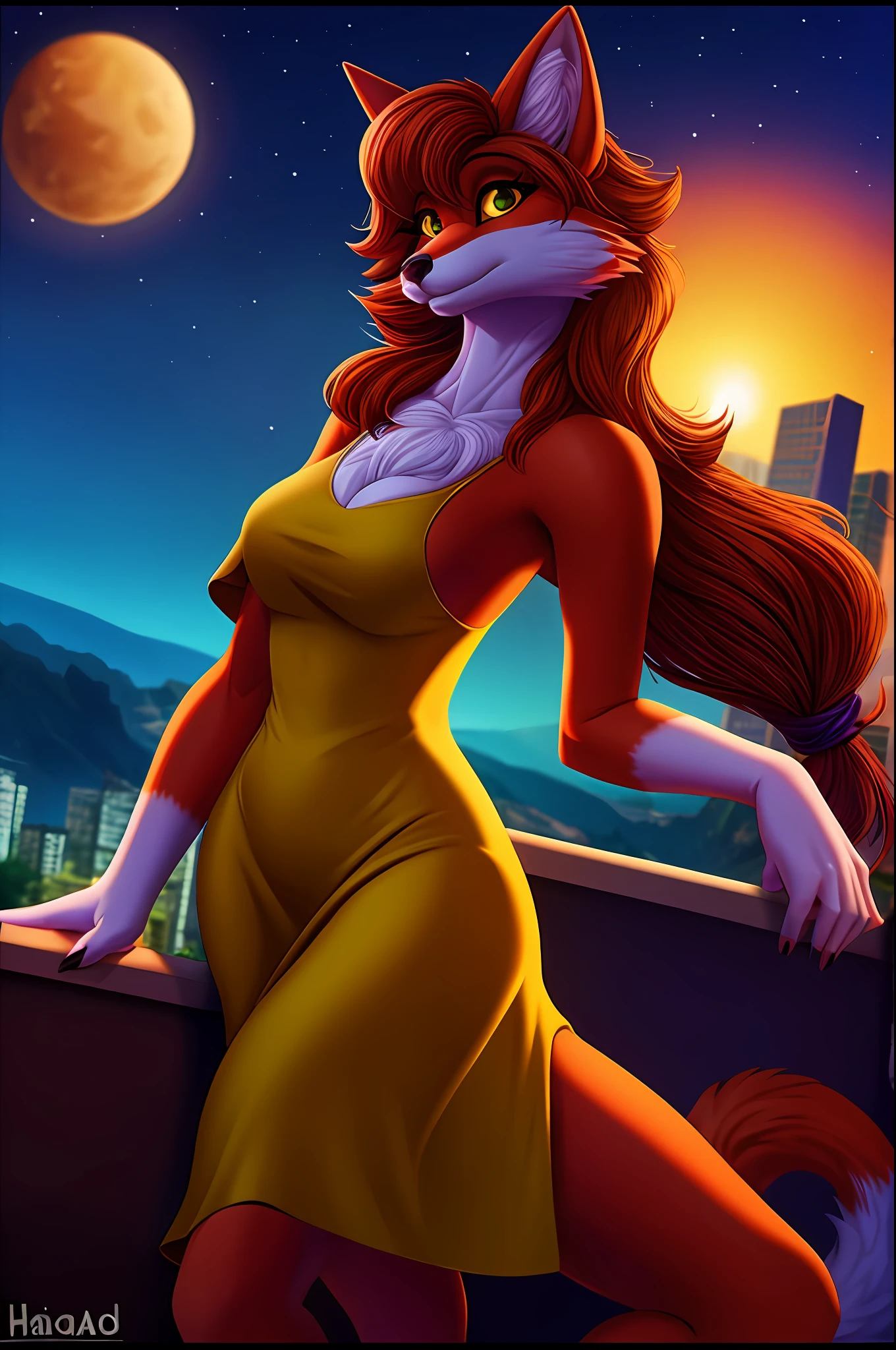 Female antro fox posing for a photo, cabelo longo, peitos grandes, coxas grossas, usando mini vestido transparente, calcinha branca rendada, good hand, 4k, alta resolução, obra-prima, melhor qualidade, headpe: 1.3, ((fotografia Hasselblad)), pele finamente detalhada, foco nítido, (cinematic lighthing), noite, soft-lighting, dinamic angle, [:(rosto detalhado: 1.2): 0.2],(((na cidade)))