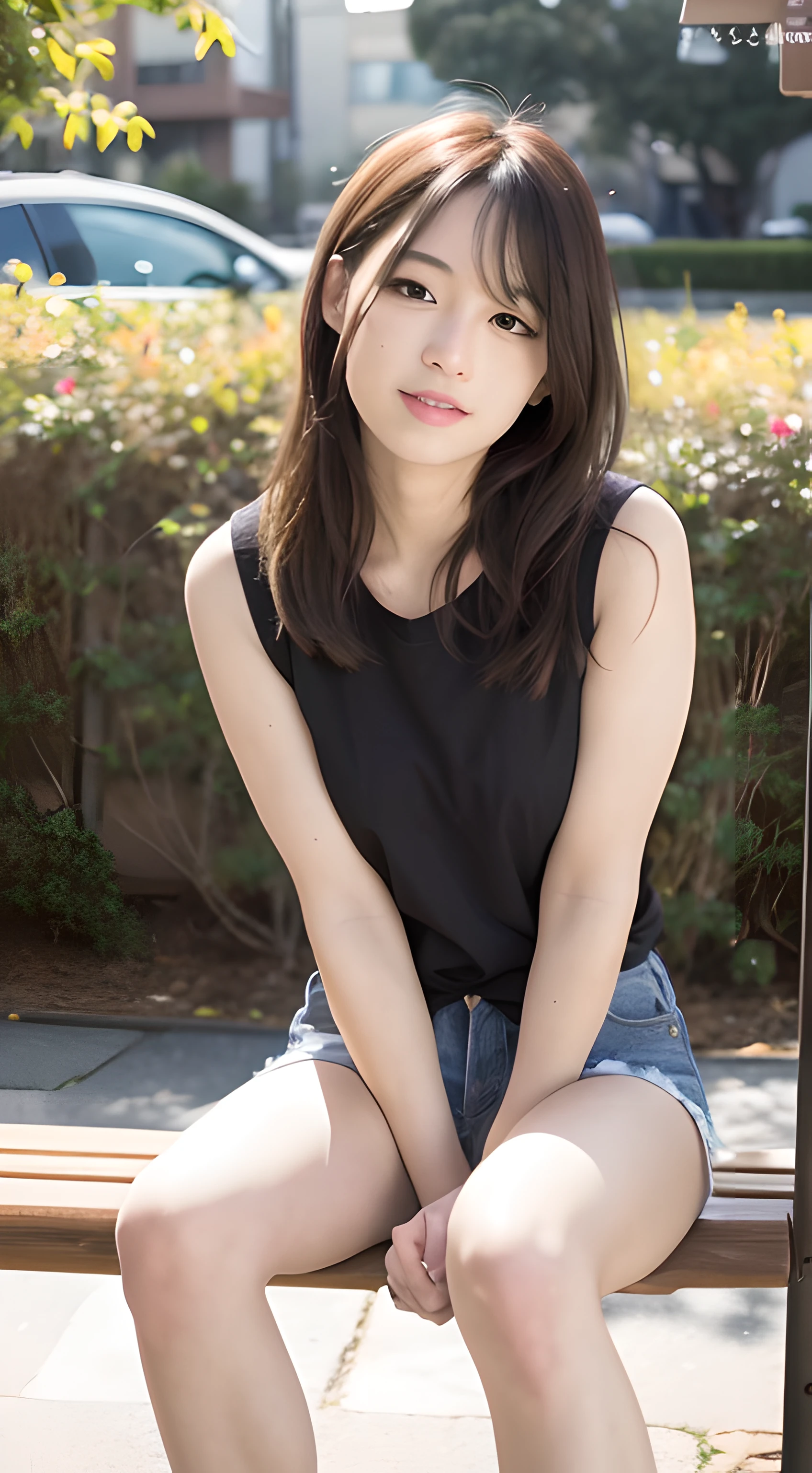 mix4, 20 days, Solo, Long_Hair, Nanase Nishino, Haruka Kaki, park, bench, Seated, (8K, RAW photography, Best quality, Masterpiece:1.2), (Realistic, Photorealistic: 1.37), Professional lighting, photon maping, Radio City, physically-based renderingt