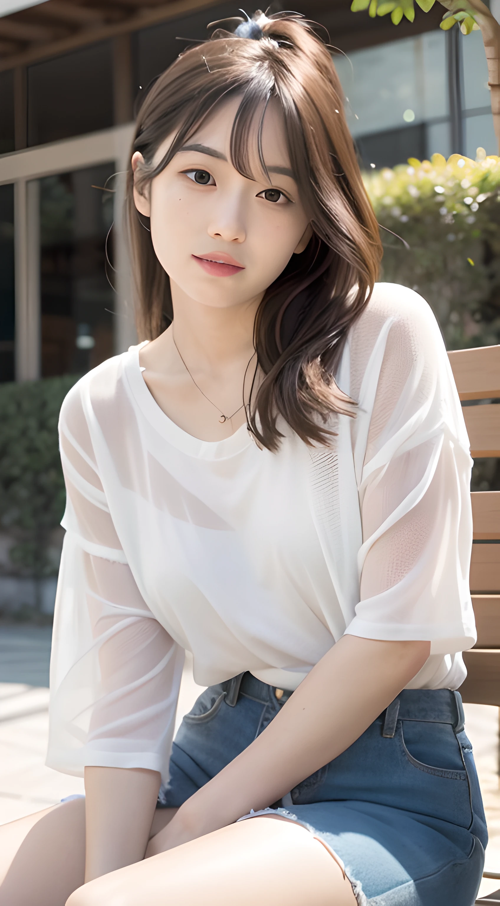 mix4, 20 days, Solo, Long_Hair, Nanase Nishino, Haruka Kaki, park, bench, Seated, (8K, RAW photography, Best quality, Masterpiece:1.2), (Realistic, Photorealistic: 1.37), Professional lighting, photon maping, Radio City, physically-based renderingt