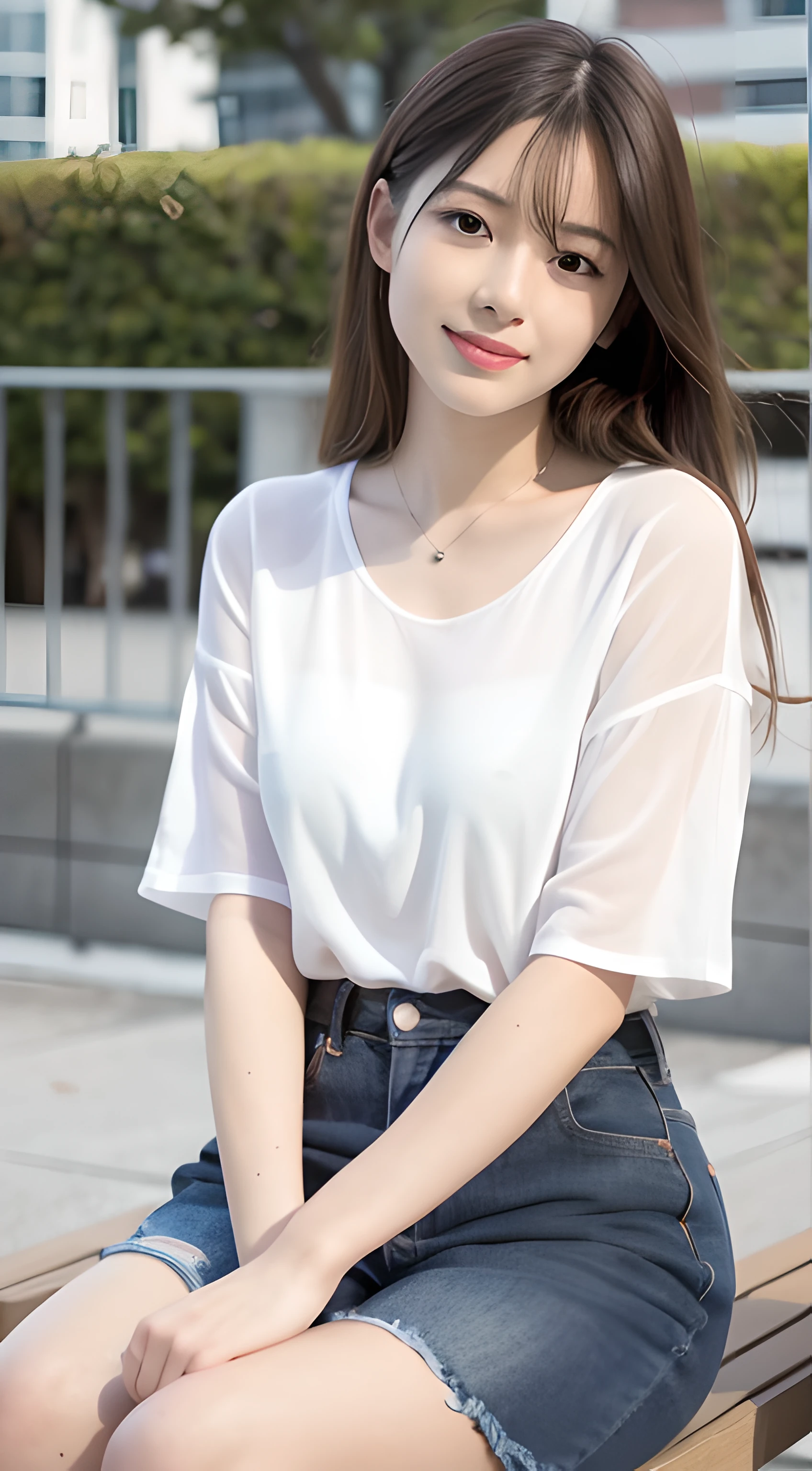 mix4, 20 days, Solo, Long_Hair, Nanase Nishino, Haruka Kaki, park, bench, Seated, (8K, RAW photography, Best quality, Masterpiece:1.2), (Realistic, Photorealistic: 1.37), Professional lighting, photon maping, Radio City, physically-based renderingt