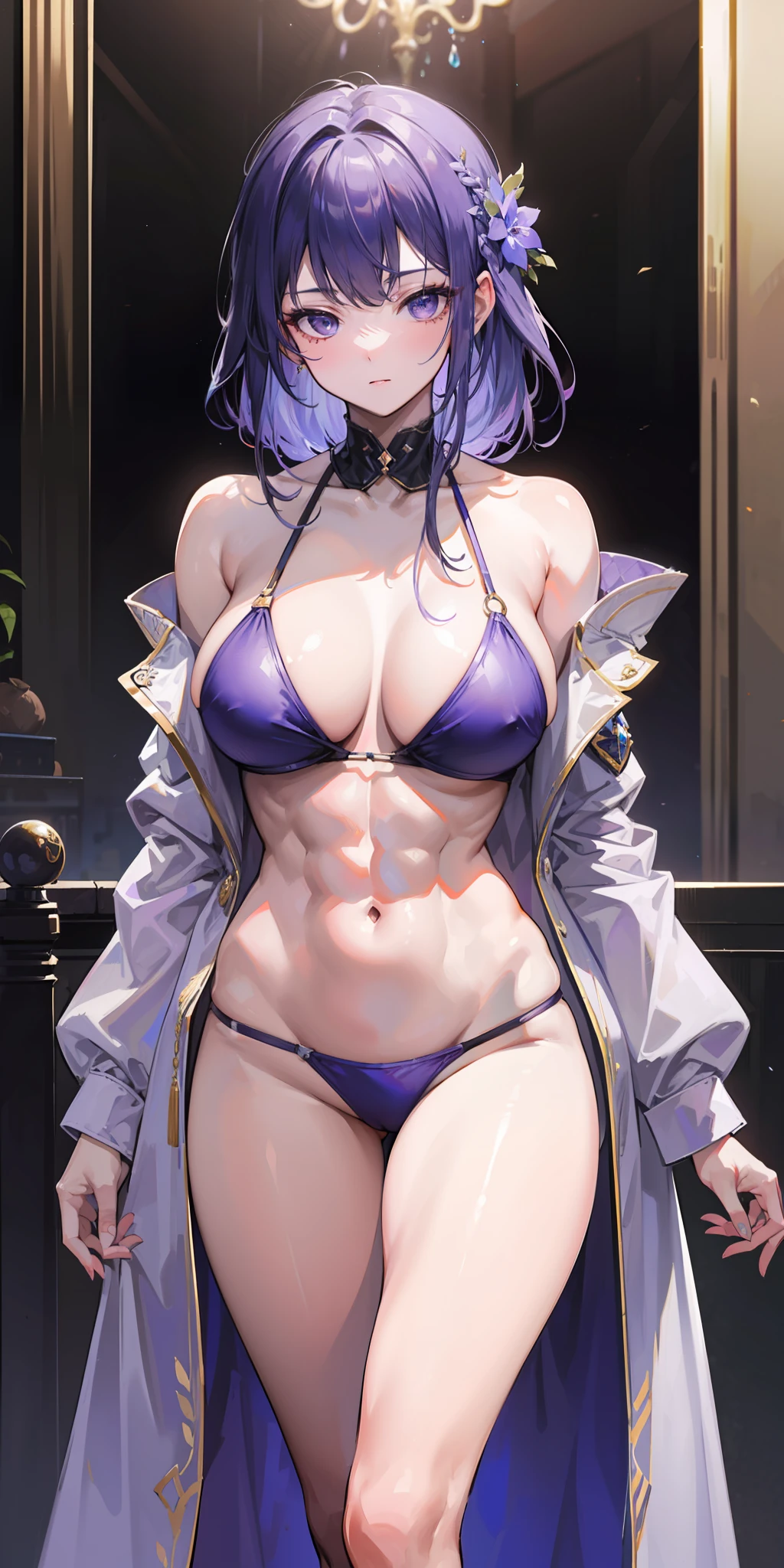 Best quality, masterpiece, 16K, HDR, RTX, realistic, detailed, 1 queen, sexy, seductive, sensual, stylish, cool, muscular, (wearing a sexy silver-purple warrior bikini), long braided hair, stylish transparent robes.