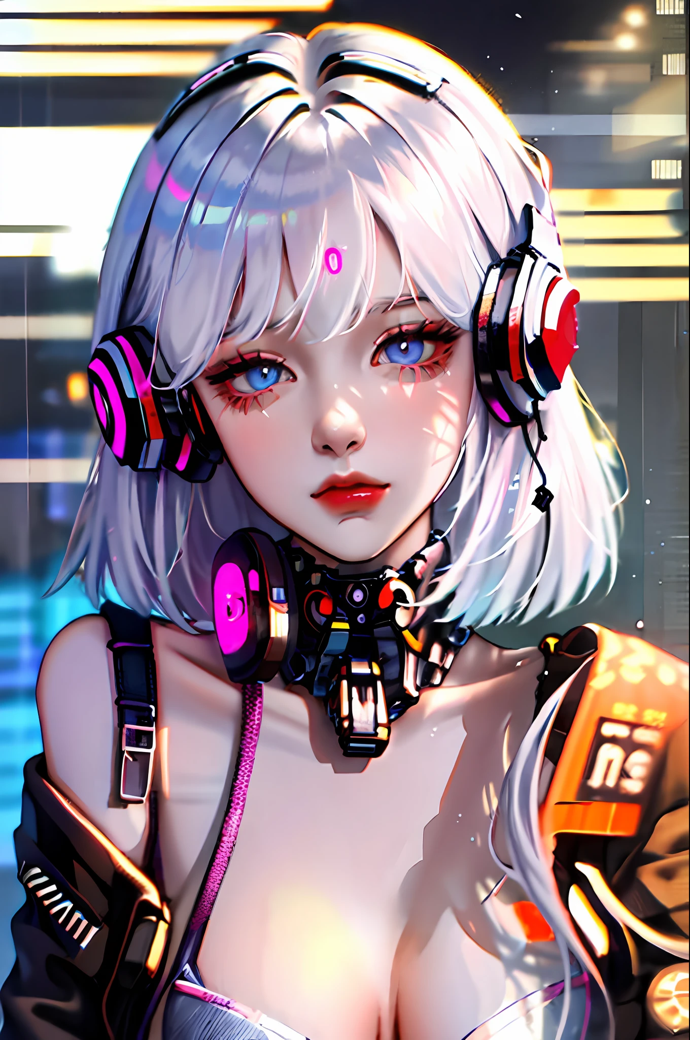 1girl, bangs, white hair, blue eyes, fashi-girl,bob cut,short hair, cleavage, collarbone, open jacket,mecha,cyberpunk,neon lights,large breasts,mature female,shiny skin,rain,water drop,badass,alluring,mecha musume,ghost in the shell,red lips,looking to the side,closed mouth,headphones,cinematic lighting