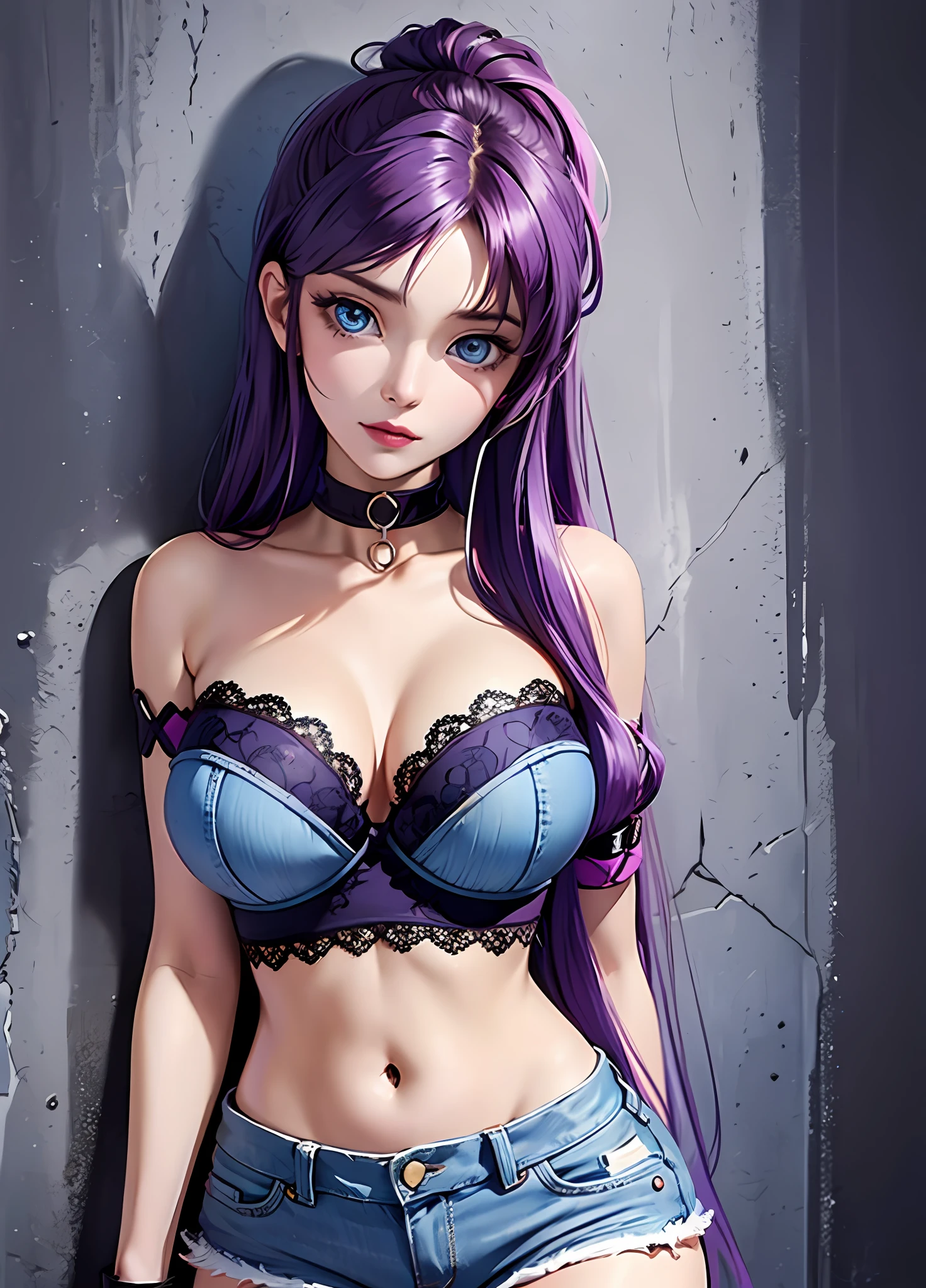 masterpiece, nonsense, best quality, saori kido, 1girl, 25 years old, solo, black strapless lace bra, denim shorts, choker, arms behind back, against wall, looking at viewer, armband, thigh strap , head tilt, bored, very long purple hair, expressive blue eyes, heavy breasts, headset,