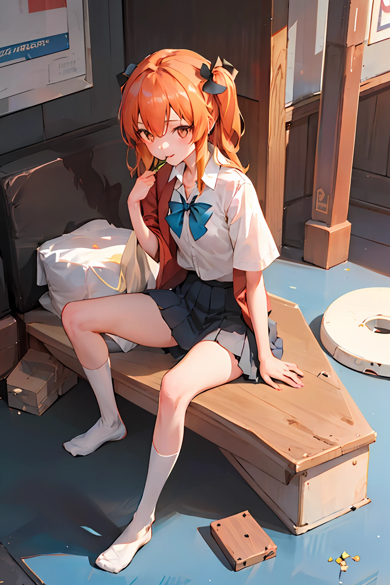Low angle shot,arafed asian woman in a short skirt and bow tie sitting on a train, cute schoolgirl, japanese girl school uniform, wearing japanese school uniform, japanese school uniform, a hyperrealistic schoolgirl, dressed as schoolgirl, hyperrealistic schoolgirl, wearing school uniform, realistic schoolgirl, girl wearing uniform, wearing a school uniform, of a schoolgirl posing, full body, nice skin, glowing skin, nice thighs,glowing thigh, glowing legs