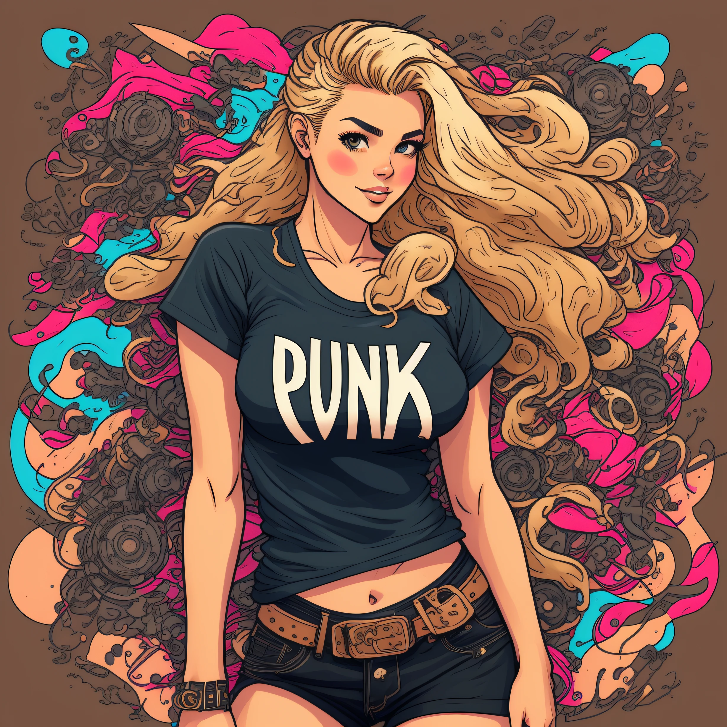 (1girl),large breasts, breasts, tan, dewy skin, sweaty skin, wavy blonde hair, punk tshirt, t-shirt with a word punk girl