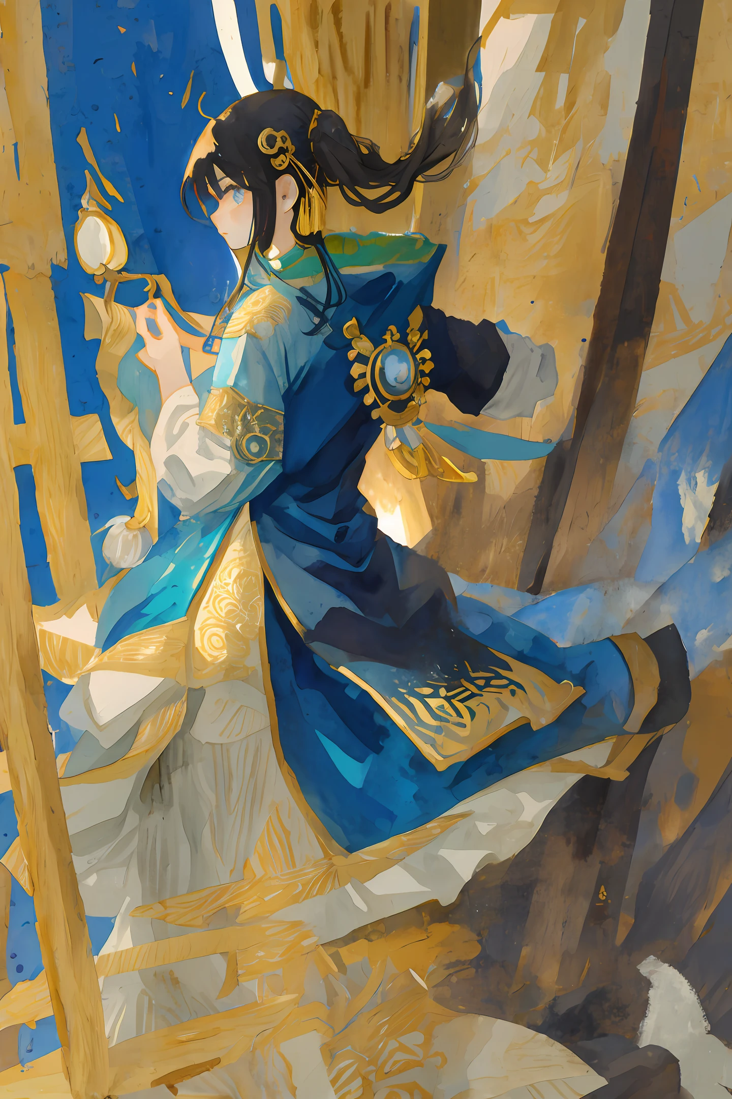 ink and watercolor painting,Blue-gold Ying Long in the back,Blue-gold,Kizi,whaite hair,Blue and gold coat,Huang Xiao,Vertical Dawn,Tachi