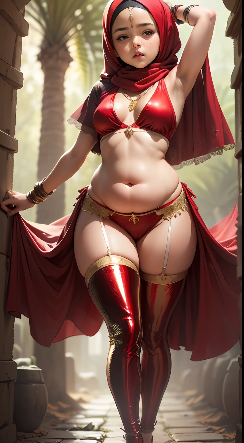 (8 :1.7), (arabian girl:1.2) perfect face, (chubby:1.5) child in (saree) perfect full HDR body exposed midriff highleg loli flat chest curvy indian armpits bellydancer 8k high res knees ankles , royal skimpy underwear,  (shiny skin:1.5) (full body shot) (high heels) (armpits:1.3) (outdoor) (red theme:1.8) (masterpiece, 4k ,ultra detailed:1.2) (hijab:1.2) (dungeon:1.4) she has a jiggly fat round belly (petite:1.4)