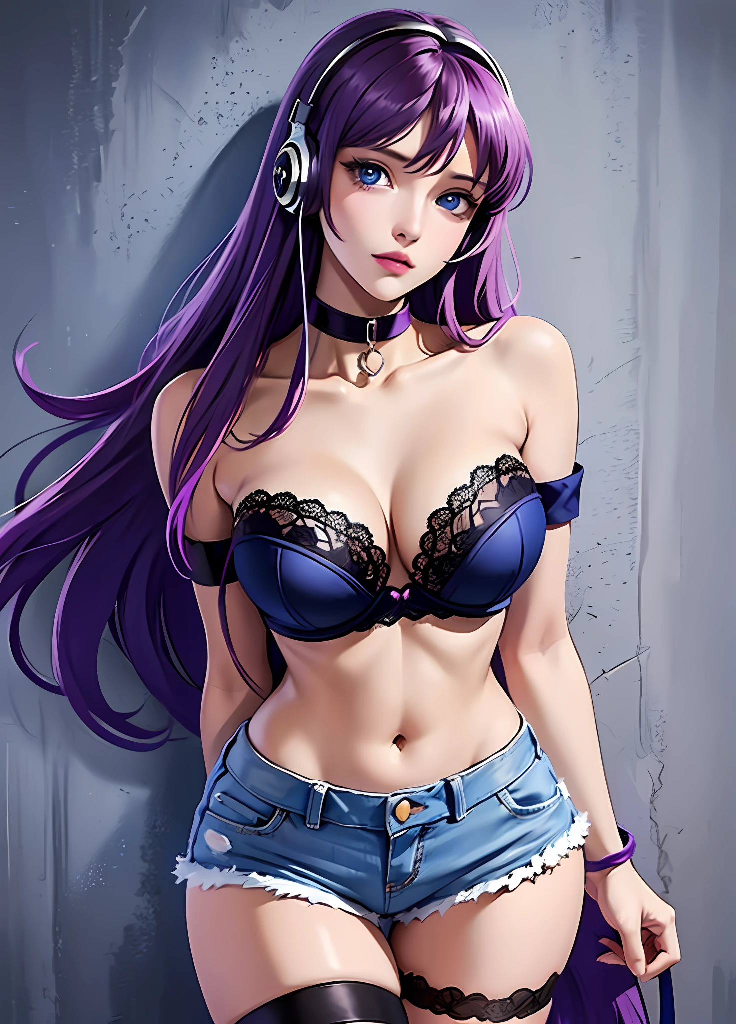 masterpiece, nonsense, best quality, saori kido, 1girl, 25 years old, solo, black strapless lace bra, denim shorts, choker, arms behind back, against wall, looking at viewer, armband, thigh strap , head tilt, bored, very long purple hair, expressive blue eyes, heavy breasts, headset,