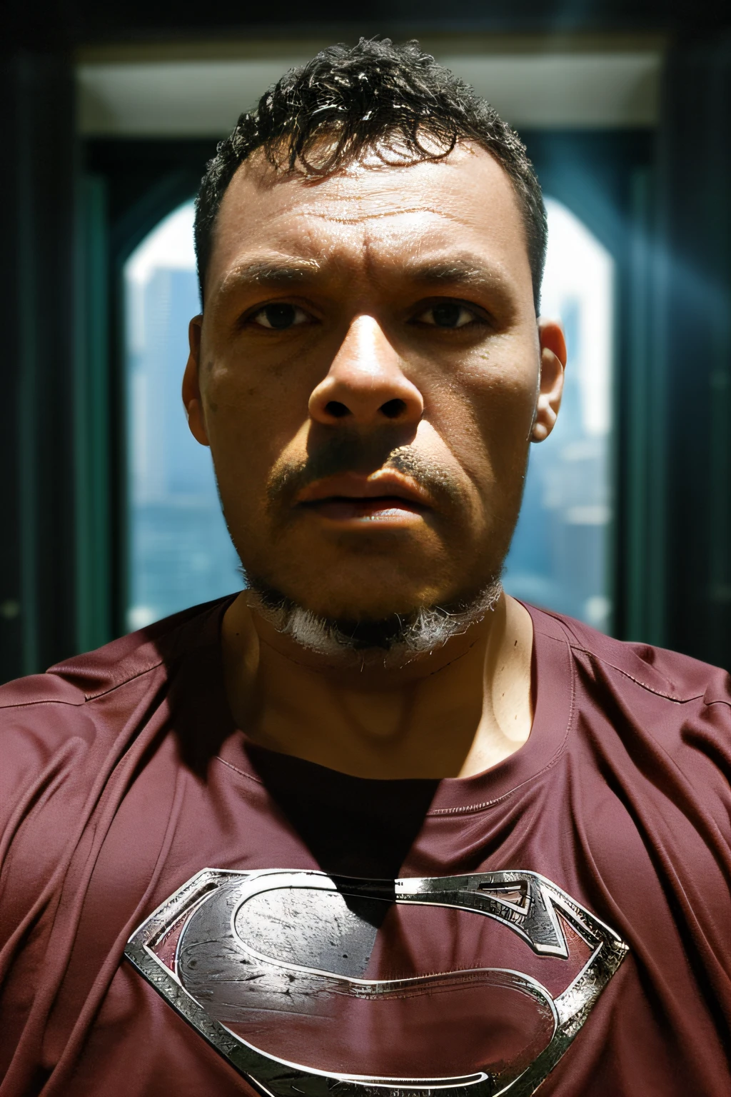 guttonerdvision7, The Man of Steel's Superman is imposing himself on an abandoned haunted lost city. rosto com detalhas intrincados, Moonlight highlights your muscles and scars. The scenery is lush and mysterious, com cidade escura e arredores. The camera details everything, uma mulher guerreira, na frente dele.
