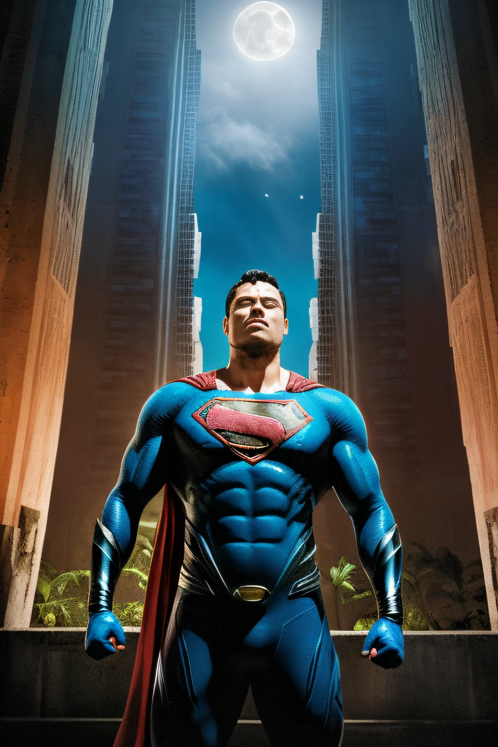 guttonerdvision7, The Man of Steel's Superman is imposing himself on an abandoned haunted lost city. rosto com detalhas intrincados, Moonlight highlights your muscles and scars. The scenery is lush and mysterious, com cidade escura e arredores. The camera details everything, uma mulher guerreira, na frente dele.