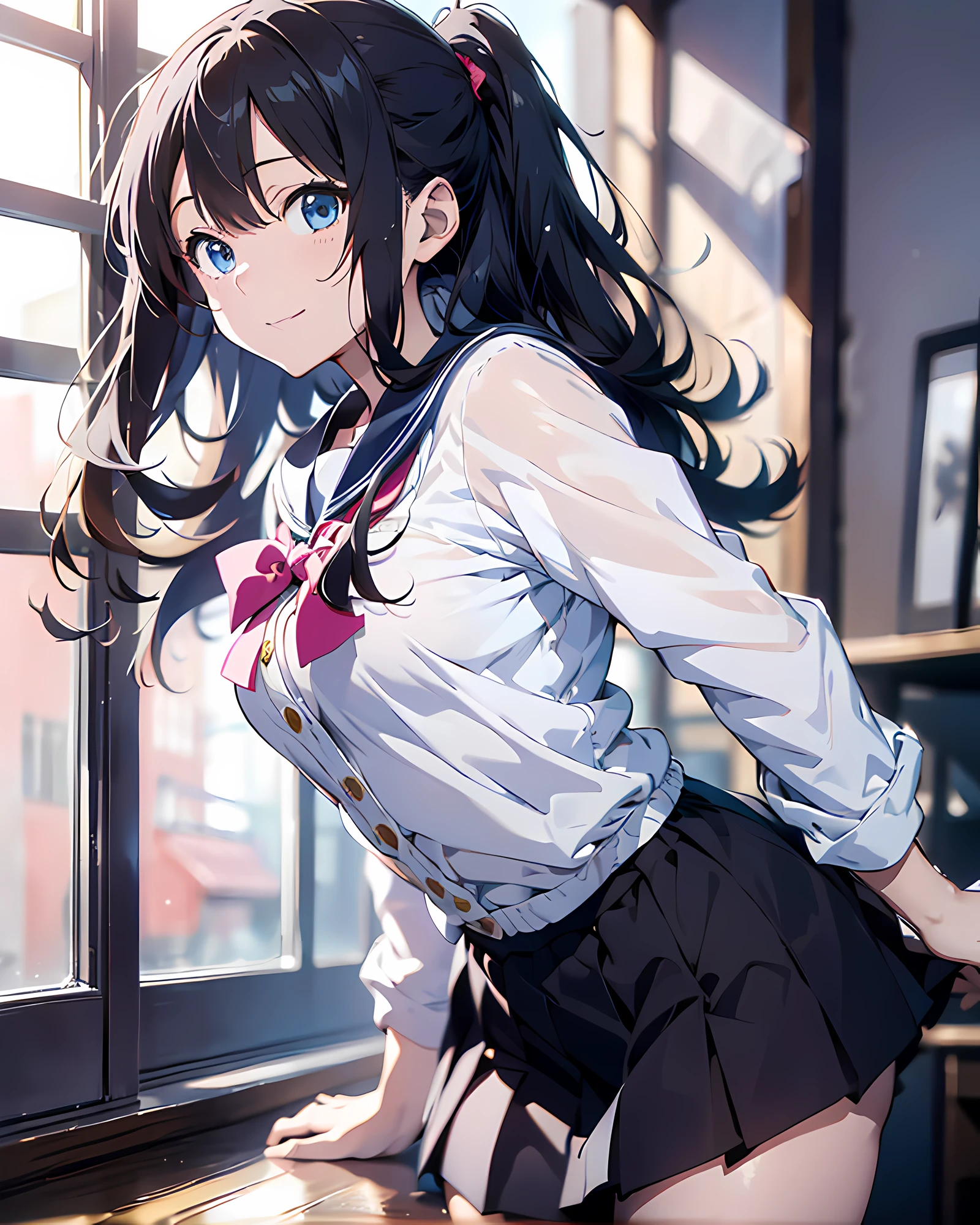 anime style illustration, highres, ultra detailed, (1girl:1.3), (dynamic pose):1.0 BREAK, cowboy shot, (pale skin:1.3), ((detailed blue eyes)), (bokeh effect), (dynamic angle), 1 extremely beautiful and glamorous anime waifu at her private bedroom, (wearing a school girl outfit, pink sailor shirts and dark-grey pleats skirt, black stockings), BREAK, she has brown wavy two-side-up hair style, medium-breasted, light smile, happy, wind, 8 life size, detailed clothes, detailed body, detailed arms, human hands, detailed hands, perfect nose, blush, light smile, pink lip gloss, looking the viewer, facing the viewer, sexy model posing, extremely leaning forward against the viewer, studio soft light, cinematic light, detailed background, realistic, ultra-realistic, masterpiece, 32k ultra-sharp image, Japanese anime waifu, concept art by Kyoto animation, Makoto Shinkai,