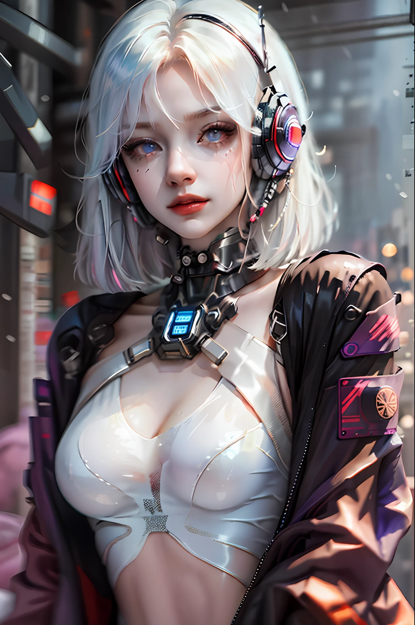 1girl, bangs, white hair, blue eyes, fashi-girl,bob cut,short hair, cleavage, collarbone, open jacket,mecha,cyberpunk,neon lights,large breasts,mature female,shiny skin,rain,water drop,badass,alluring,mecha musume,ghost in the shell,red lips,looking to the side,closed mouth,headphones,cinematic lighting