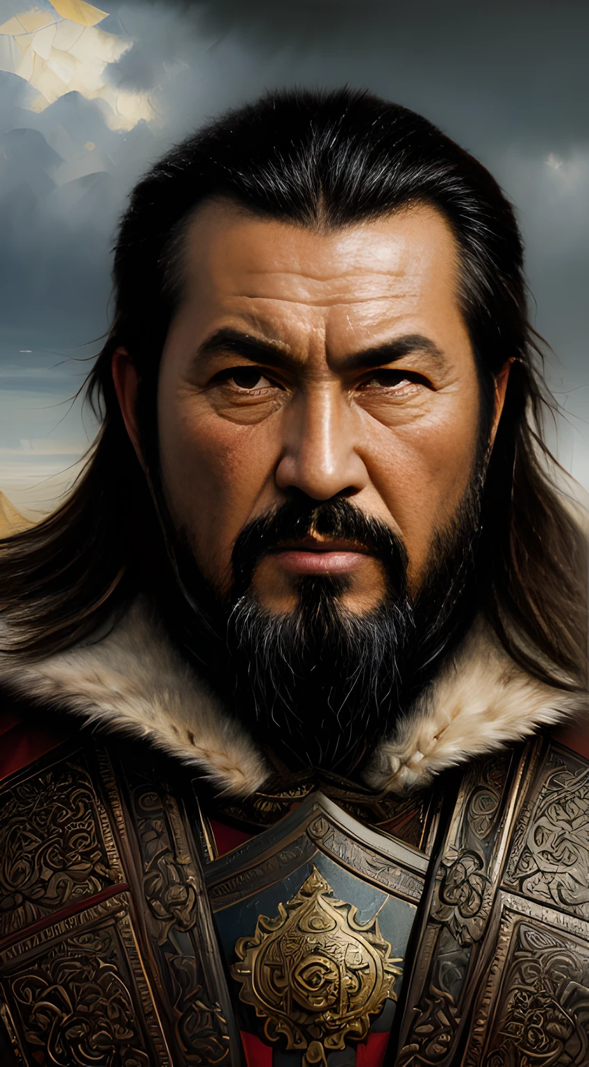(masterpiece, best quality, oil painting, Greg Rutkowski influence:1.3), intimidating Genghis Khan, (weathered face:1.2), stern expression, (deep-set eyes, intense gaze:1.1), traditional Mongolian attire, ornate armor, fur lining, realistic style, harsh steppe background, endless grasslands, stormy skies, dynamic brush strokes, warm colors, stern, frontal view.
