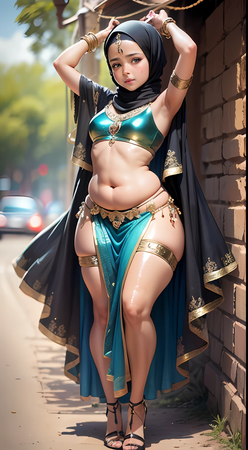 (:1.7), (arabian girl:1.2) perfect face, (chubby:1.5) child in (saree) perfect full HDR body exposed midriff highleg loli flat c curvy indian armpits bellydancer 8k high res knees ankles , royal skimpy underwear, (shiny skin:1.5) (full body shot) (high heels) (armpits:1.3) (outdoor) (marron theme:1.8) (masterpiece, 4k ,ultra detailed:1.2) (hijab:1.2) (dungeon:1.4) she has a jiggly fat round belly (petite:1.4)