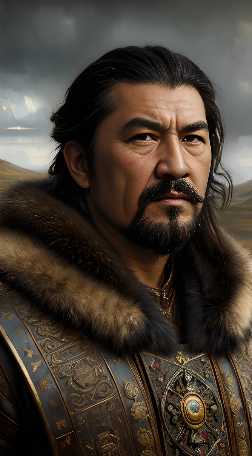 (masterpiece, best quality, oil painting, Greg Rutkowski influence:1.3), intimidating Genghis Khan, (weathered face:1.2), stern expression, (deep-set eyes, intense gaze:1.1), traditional Mongolian attire, ornate armor, fur lining, realistic style, harsh steppe background, endless grasslands, stormy skies, dynamic brush strokes, warm colors, stern, frontal view.