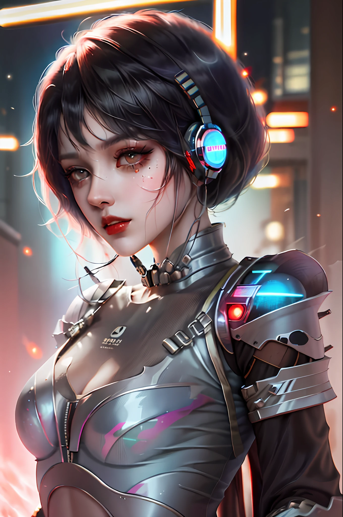 1girl, franja, cabelo preto, olhos azuis, fashi-girl, corte bob, cabelo curto, decote, 鎖骨, jaqueta aberta, mecha, cyberpunk, luzes neon, seios grandes, female mature, pele brilhante, chuva, gota d&#39;water, badass, sedutor,mecha musume,fantasma na casca,red-lips,olhando para o lado,boca fechada,fones de ouvido,cinematic lighthing