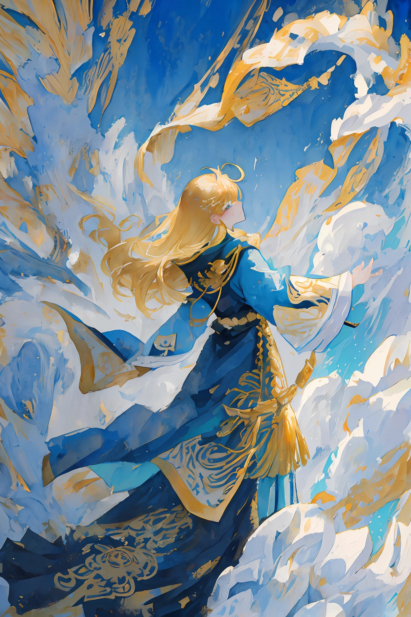 ink and watercolor painting，Blue-gold Ying Long in the back，Blue-gold，Kizi，whaite hair，Blue and gold coat，Huang Xiao，Vertical Dawn，Tachi