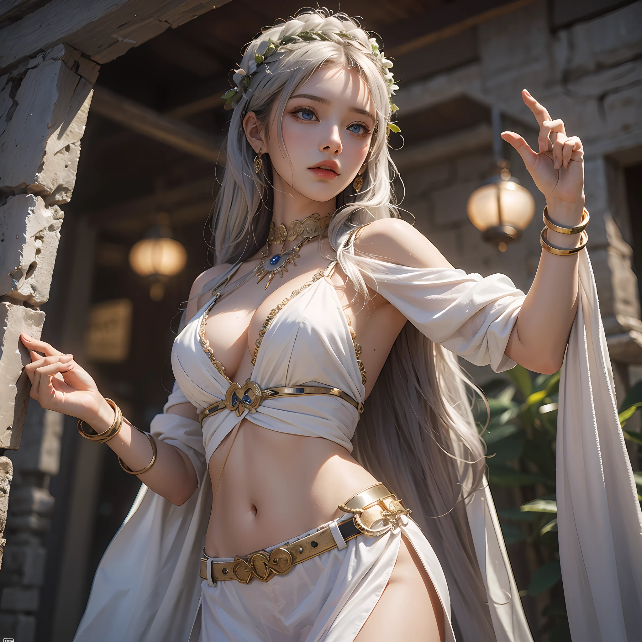 (masterpiece), (best quality), photorealism, realistic, ultra detailed, perfect face, perfect body, 1girl, beautiful girl, Greek goddess, Greek clothes,peplos, stand, cool pose, sexy, view from below silver hair blue eyes