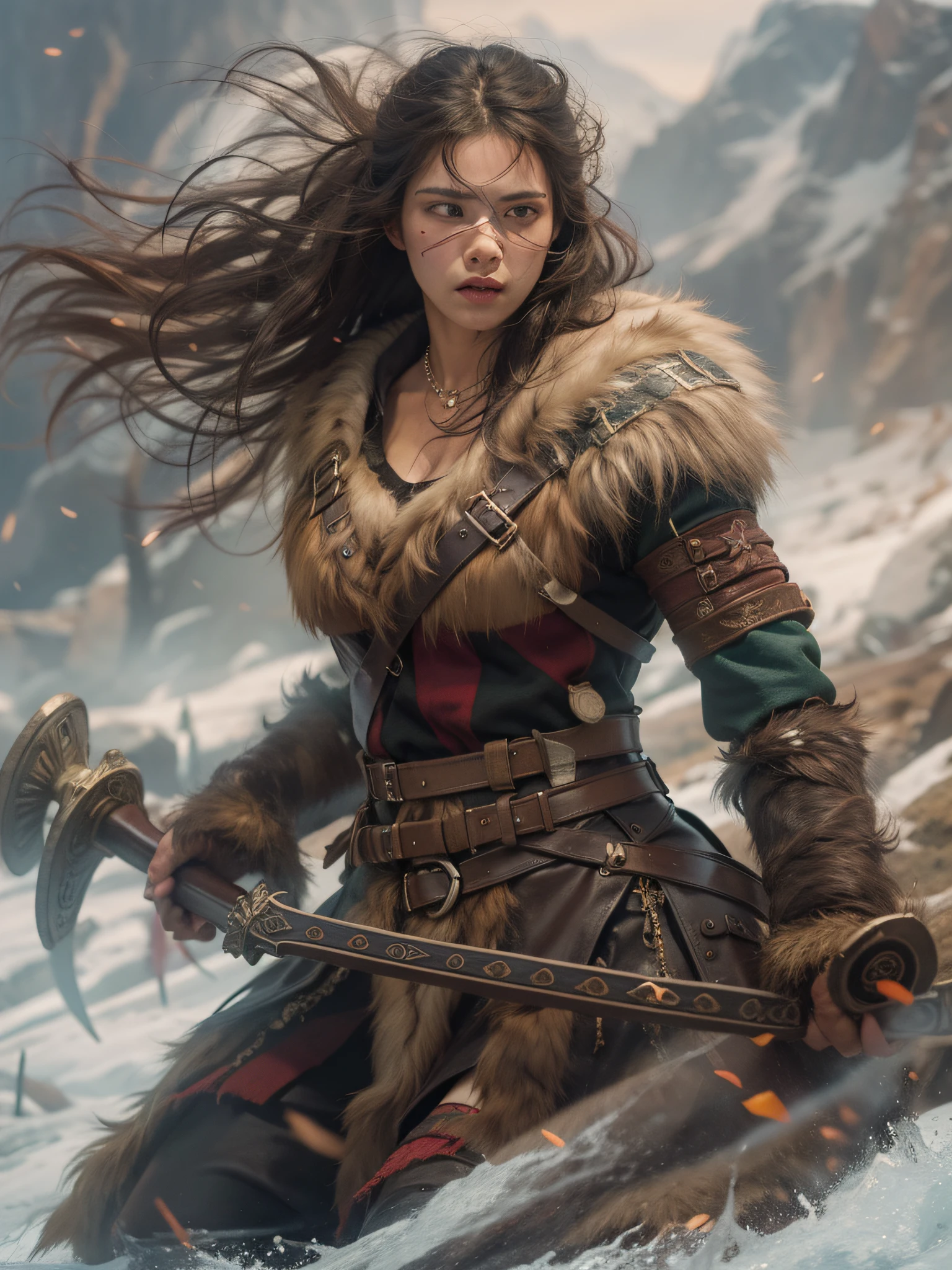 Uma imagem de uma selvagem e feroz mulher guerreira Viking, seu rosto pintado com pintura de guerra, Embodying the spirit of a berserker. She's dressed in fur-lined clothes, empunhando um enorme machado de batalha, in the midst of a battlefield full of fallen enemies, showing his unstoppable fury and courage.