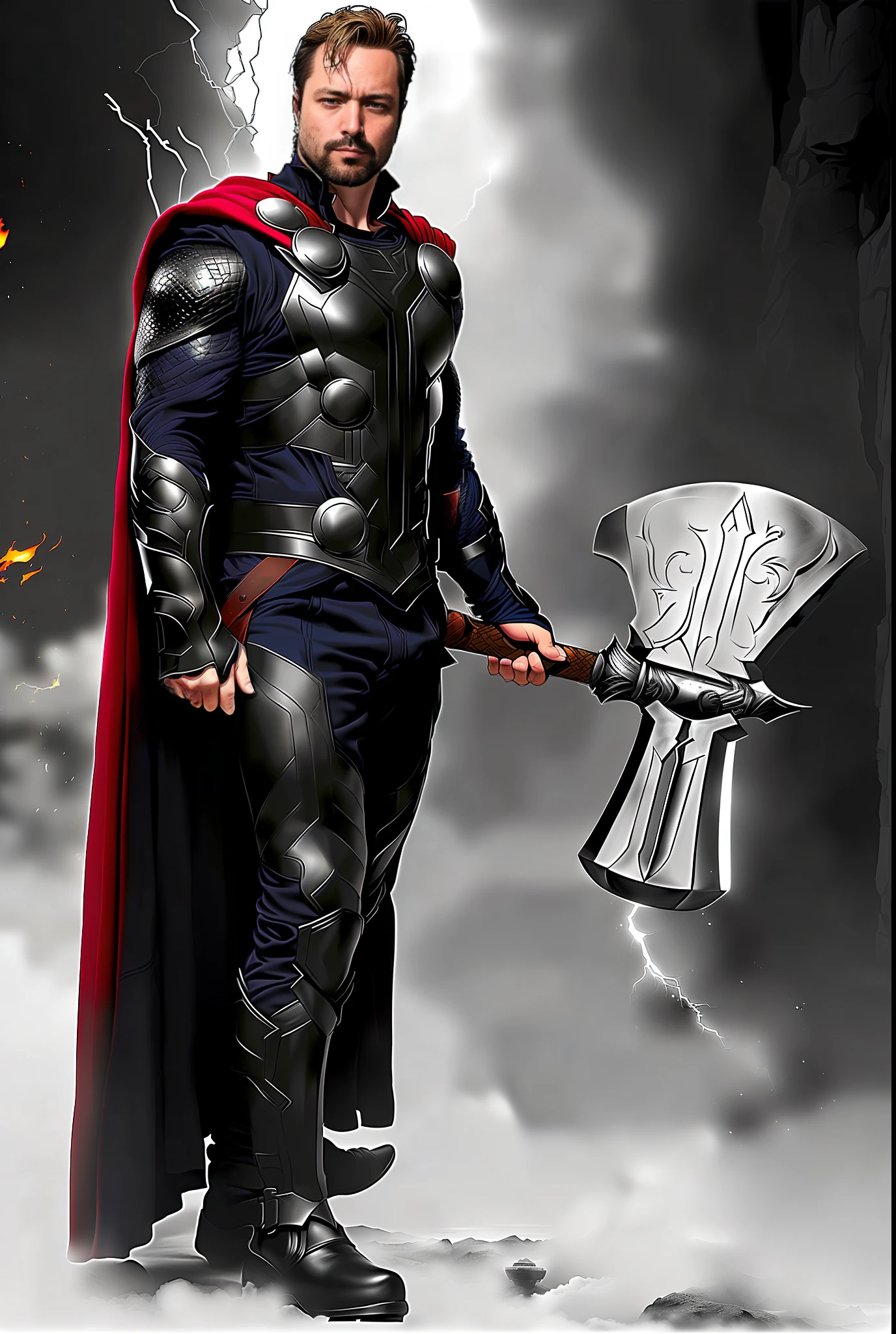 Thor Thor is holding a large axe and a shield, THOR, THOR 2 filme da marvel, Elon Musk como Thor, Filme ainda de 'Thor', Donald Trump como Thor, Boris Johnson como Thor, Bryan Cranston como Thor, segurando mjolnir, god of thunder, Arte conceitual da Marvel, Martelo de Thor, sem texto, Asgardiano, the god of thunder
