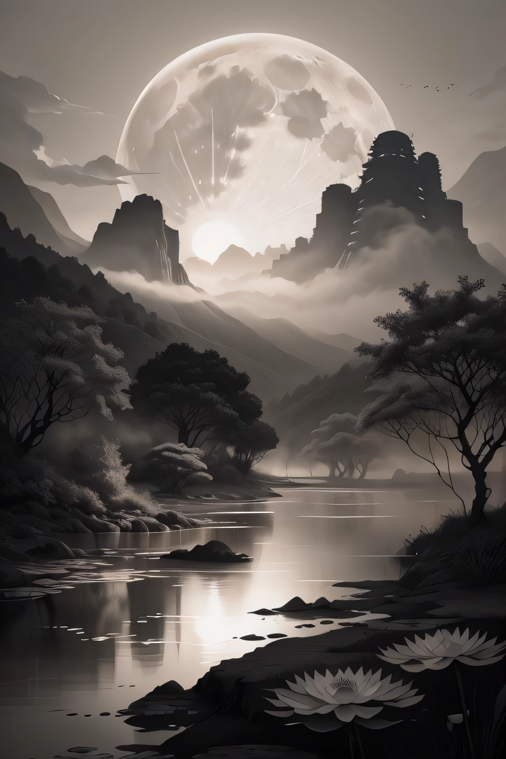 masterpiece,best quality,Chinese martial arts style,an asian night scene with lanterns and water lilies,asian pond with many lanterns and boatsa night scene with many lights and boats in the water, Lake surface, lotus flowers,beautiful night scene,(((Chinese martial arts style))), with vast sky, continuous mountains and steep cliffs, ink wash style, outline light, atmospheric atmosphere, depth of field, mist rising, bamboo, pine trees, octagonal stone pavilion, waterfall flowing water,big full moon,(No color) , Monochrome, light color,