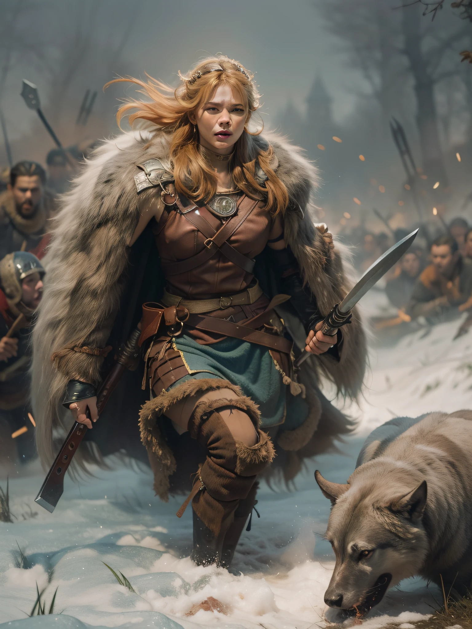 Uma imagem de uma selvagem e feroz mulher guerreira Viking, seu rosto pintado com pintura de guerra, Embodying the spirit of a berserker. She's dressed in fur-lined clothes, empunhando um enorme machado de batalha, in the midst of a battlefield full of fallen enemies, showing his unstoppable fury and courage.