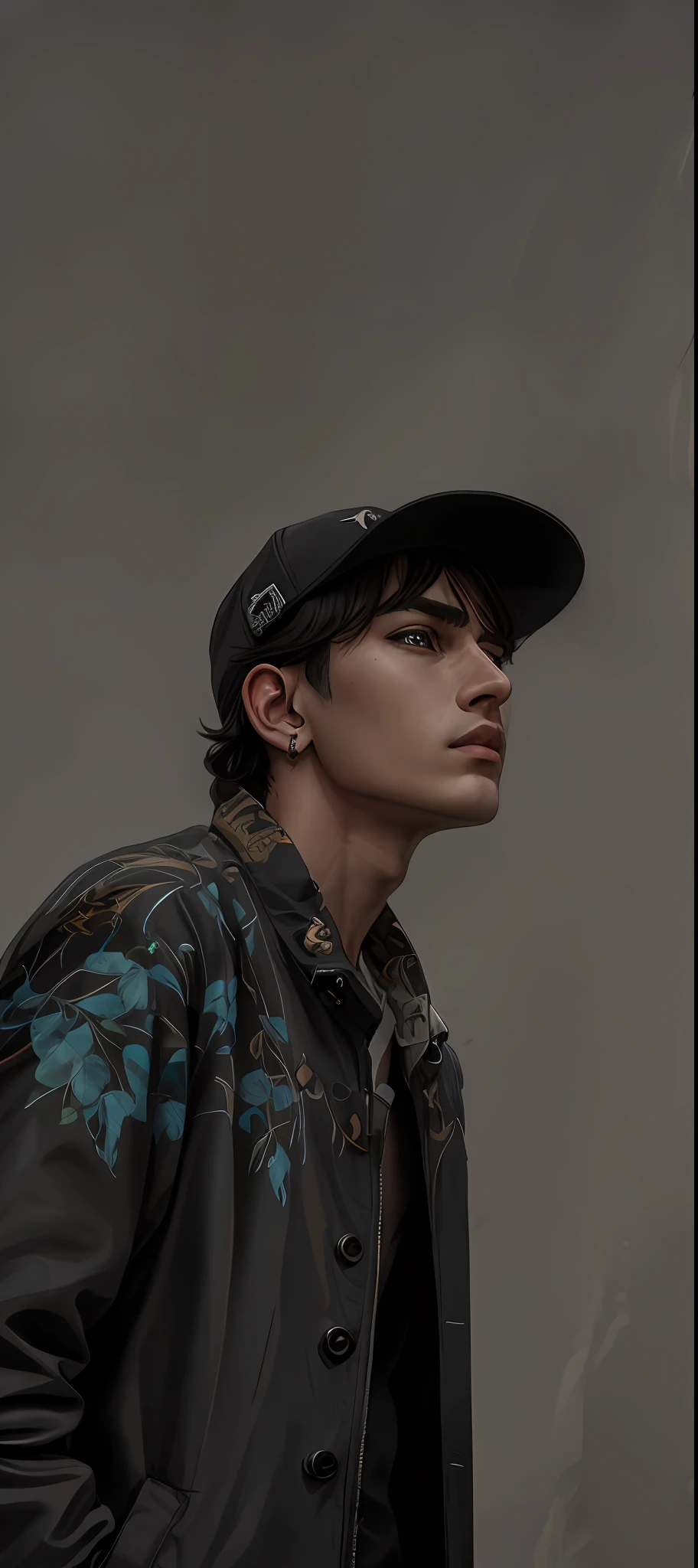 Masterpiece, absurdres, fine detail, HDR,
solo, looking at viewer, short hair, bangs, simple background, black hair, 1boy, white background, hair between eyes, jewelry, closed mouth, jacket, male focus, earrings, grey background, black eyes, coat, black jacket, black shirt, portrait, black coat, realistic, FH