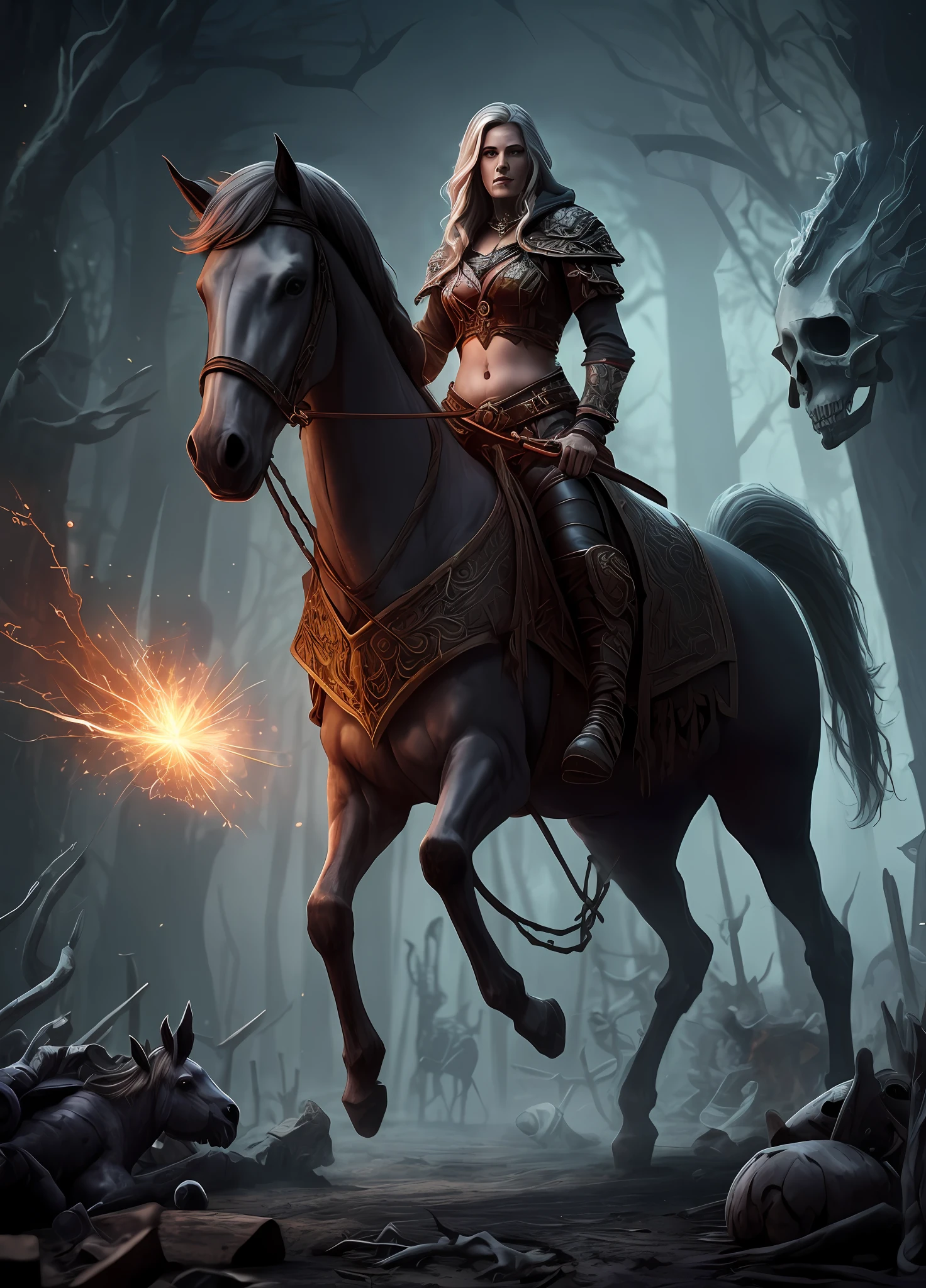 An award-winning photo of a fantasy dead necromancer from the Warcraft game up to the waist, dressed in a torn leather jacket, hedish, covered with scars and scratches, a sunken belly, a thin body, a gray horse, long gray hair, gray eyes, sitting on a horse skeleton, a dead horse with its head down without eyes, riding a bone horse from dark, ghostly creatures in the background, dark, sinister, cavernous, high contrast, shiny skin, lighting, blooming, light sparks, chromatic aberration, clear focus, lightroom, natural, perfect, [oliver wetter|(kodak portra:0.08)|(leibovitz:0.6)], raw, intricate, high quality, mamiya, exposure blend --auto