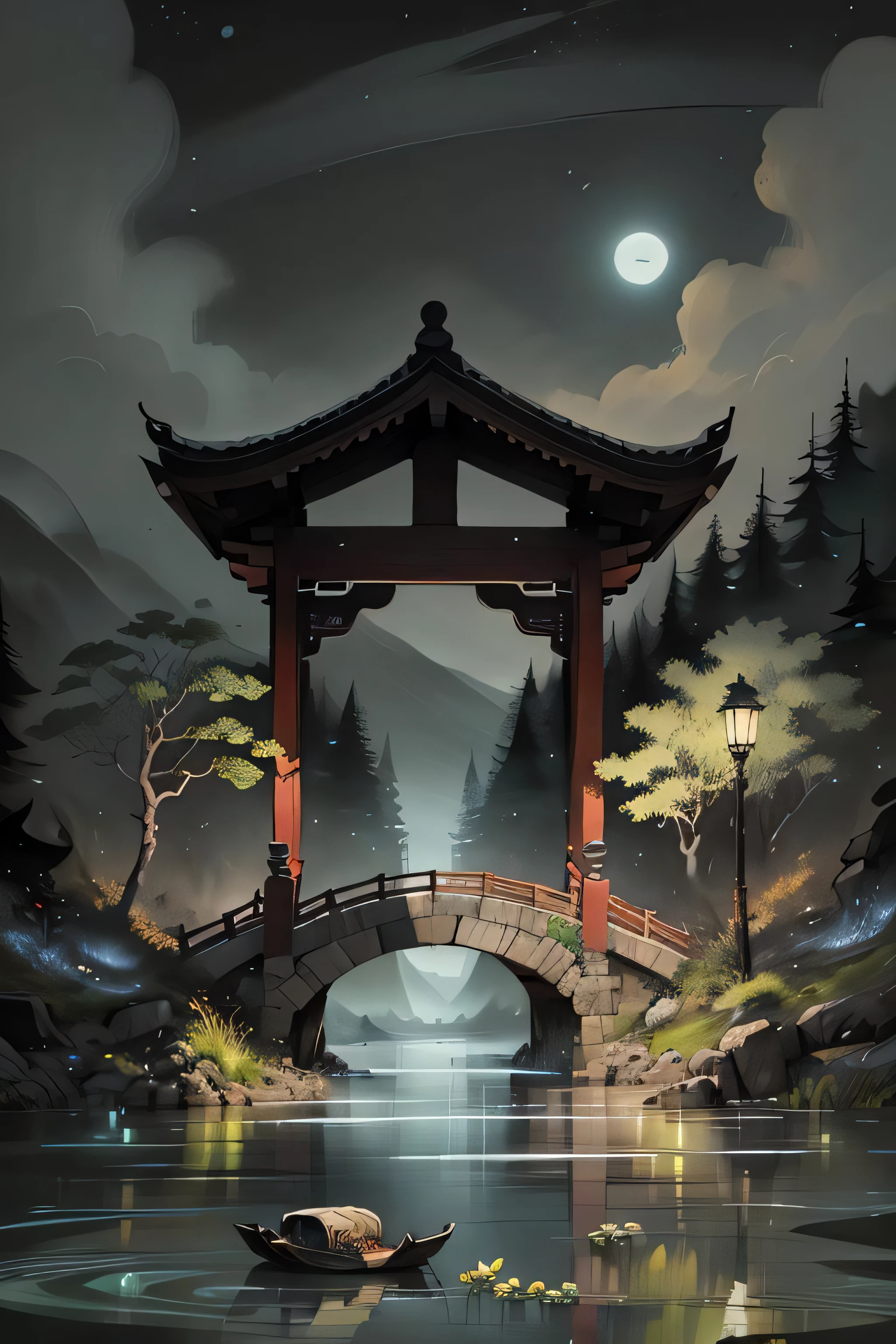 Chinese martial arts style, large area sky, ink style, outline light, atmospheric atmosphere, depth of field, mist rising, lake water, lotus flowers and leaves, small boats, pine trees, octagonal stone pavilions, arch bridges, night view,(No color)